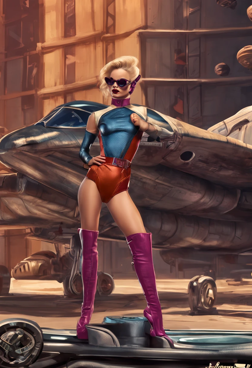 Mulher pinup scifi vintage, blond hair, leather, Nylons, cenario scifi, Planeta futurista