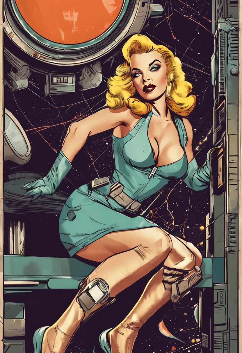 Mulher pinup scifi vintage, blond hair, leather, Nylons, cenario scifi, Planeta futurista