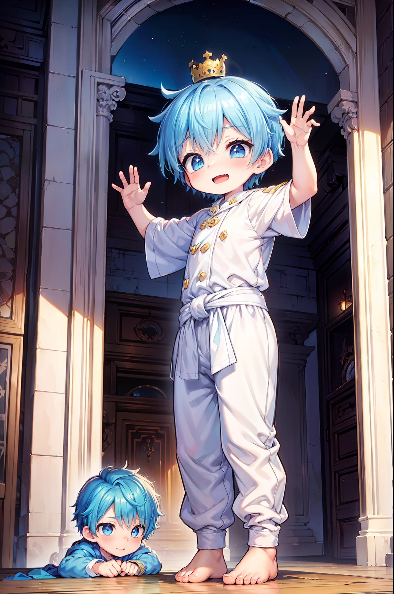 4k, (Masterpiece:1), ********** with blue colored hair and shiny, glowing cyan eyes and barefoot, arms up, epic, cinematic, young, boy, child, small, toddler, tiny feet, focus on feet, feet, blushing, (Young:1.4), (Child:1.4), (Shota:1.4), (male:1.4), (boy:1.4), (royal clothes:1.4), (epic:1.4), (posing:1.4), (cinematic:1.4), (king:1.4), (Royalty:1.4), (happy expression:1.4)