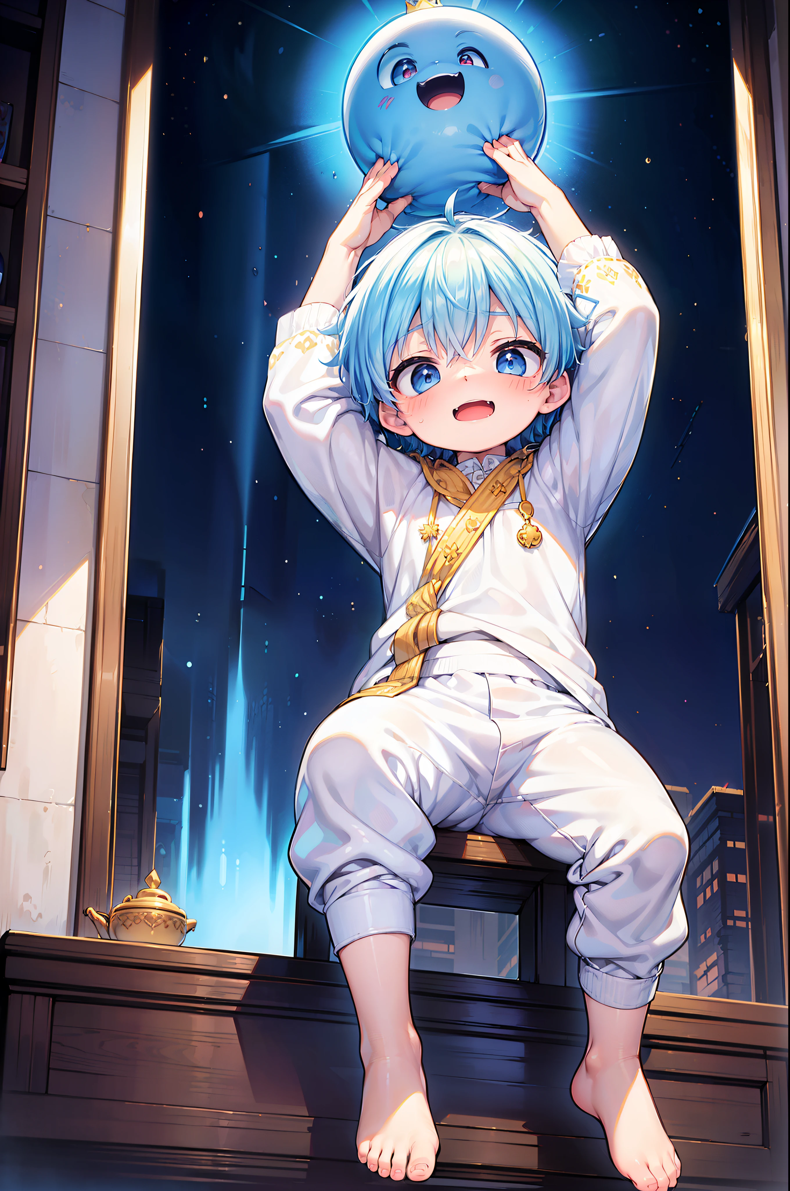 4k, (Masterpiece:1), Little boy with blue colored hair and shiny, glowing cyan eyes and barefoot, arms up, epic, cinematic, young, boy, child, small, toddler, tiny feet, focus on feet, feet, blushing, (Young:1.4), (Child:1.4), (Shota:1.4), (male:1.4), (boy:1.4), (royal clothes:1.4), (epic:1.4), (posing:1.4), (cinematic:1.4), (king:1.4), (Royalty:1.4), (happy expression:1.4)