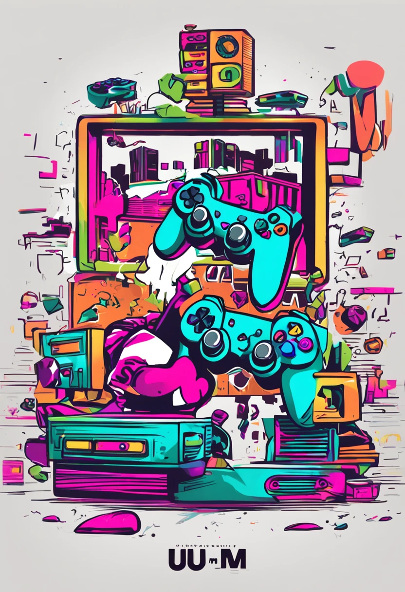 Um logotipo que retrata um console de videogame moderno, como um PlayStation ou Xbox, with controllers in the hands of the console playing a game on the TV, com detalhes futuristas e cores vibrantes.