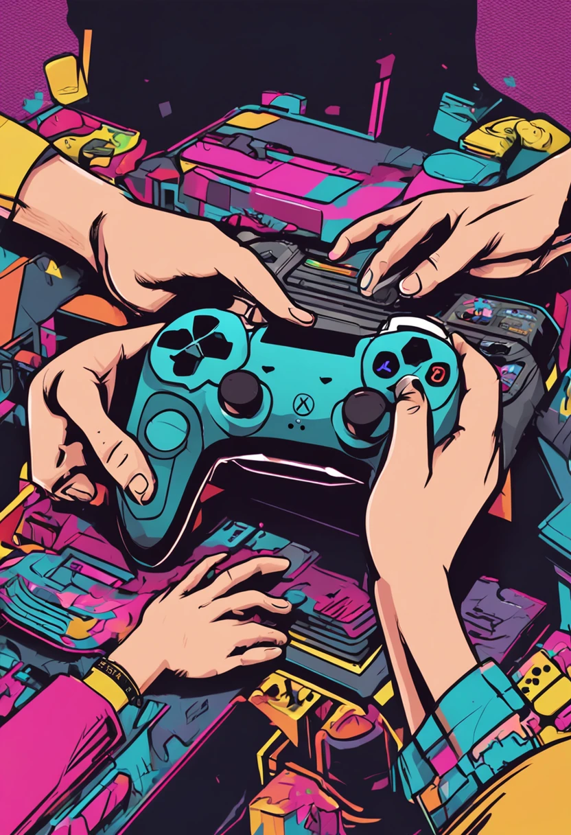 Um logotipo que retrata um console de videogame moderno, como um PlayStation ou Xbox, with controllers in the hands of the console playing a game on the TV, com detalhes futuristas e cores vibrantes.