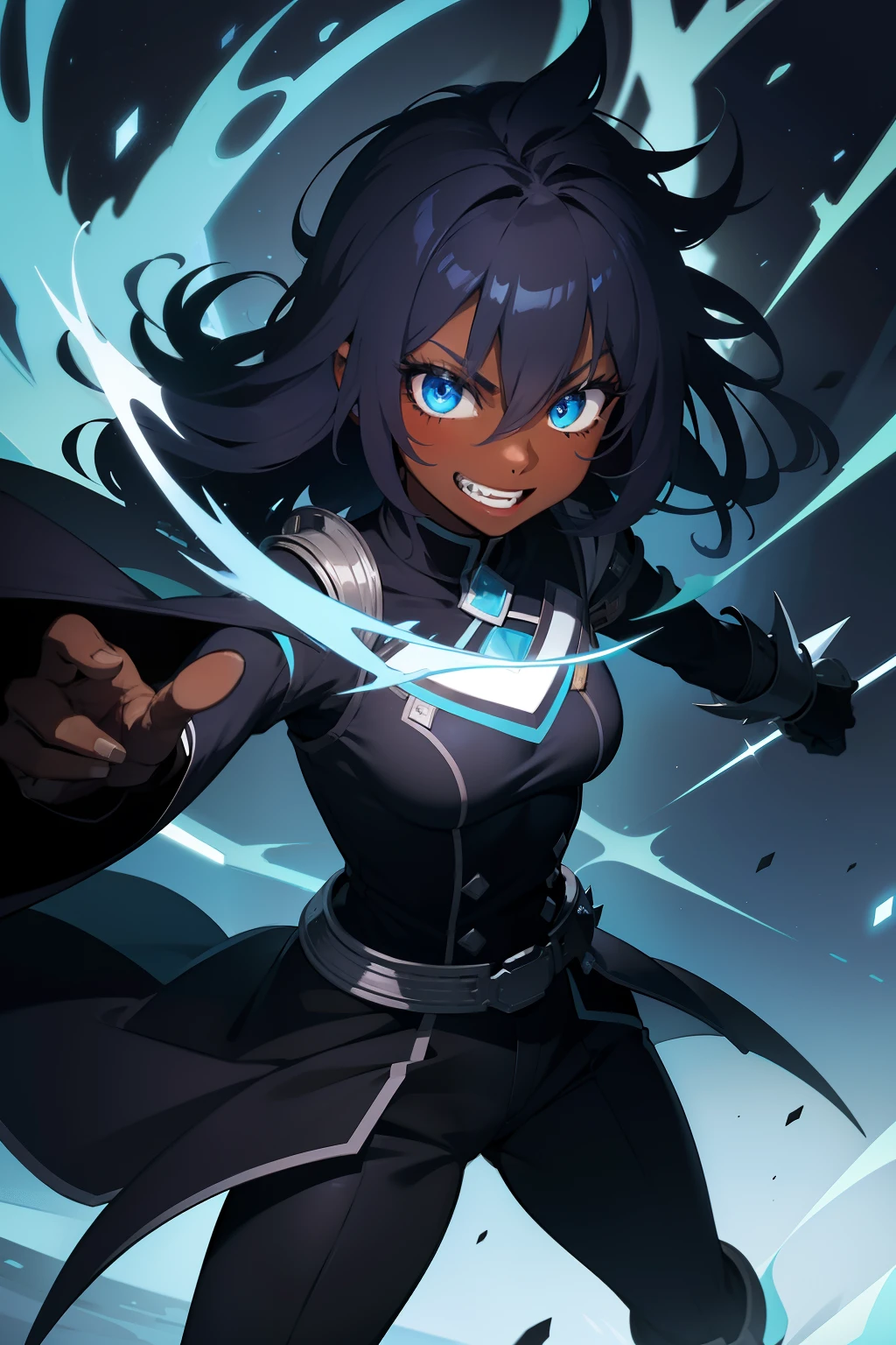 dark skin, dark blue spiky hair, female, grin, mouth open, light blue eyes, fighting stance