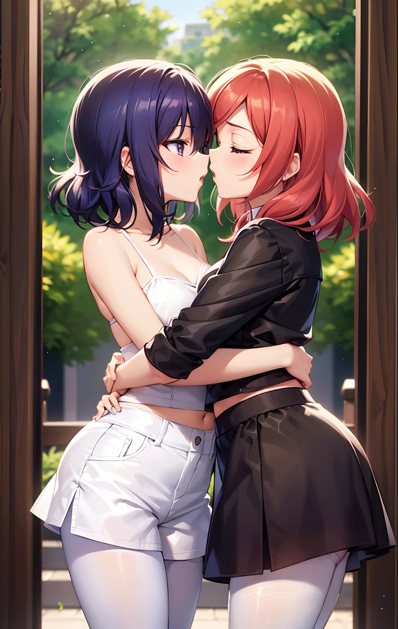 2girls,hug,kiss, lesbian,Nishikino maki, Purple eyes,((short red hair)), blouse, white shorts, brown pantyhose, (midriff:0.8), (lips:0.7), llchar