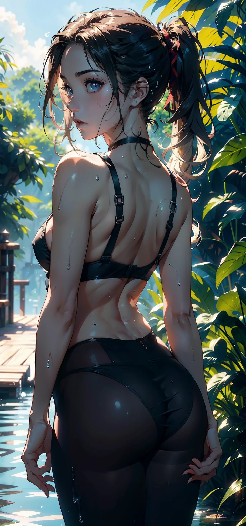 1female，，bit girl，super adorable，smallunderboob，nice hand，Pornographic exposure， 独奏，（Background with：ln the forest，the rainforest，in summer，Water on the ground，exteriors） Feel free to hairstyle，Stride，Sweat profusely，drenched all over the body，seen from the front，Long blonde hair ， mostly cloudy sky，（（（tmasterpiece），（Very detailed CG unity 8K wallpaper），best qualtiy，cinmatic lighting，detailed back ground，beatiful detailed eyes，Bright pupils，（Very fine and beautiful），（Beautiful and detailed eye description），ultra - detailed，tmasterpiece，）），face to the viewer，frontage，A high resolution，ultra - detailed）nakeness，Wipe off panties，revealing breasts，Bare genitalia， Bulge，Camel toes，Raised sexy，Lewd expression，Flushed complexion，Open-mouthed，frontage，Vampires（Wearing：，Black pantyhose）