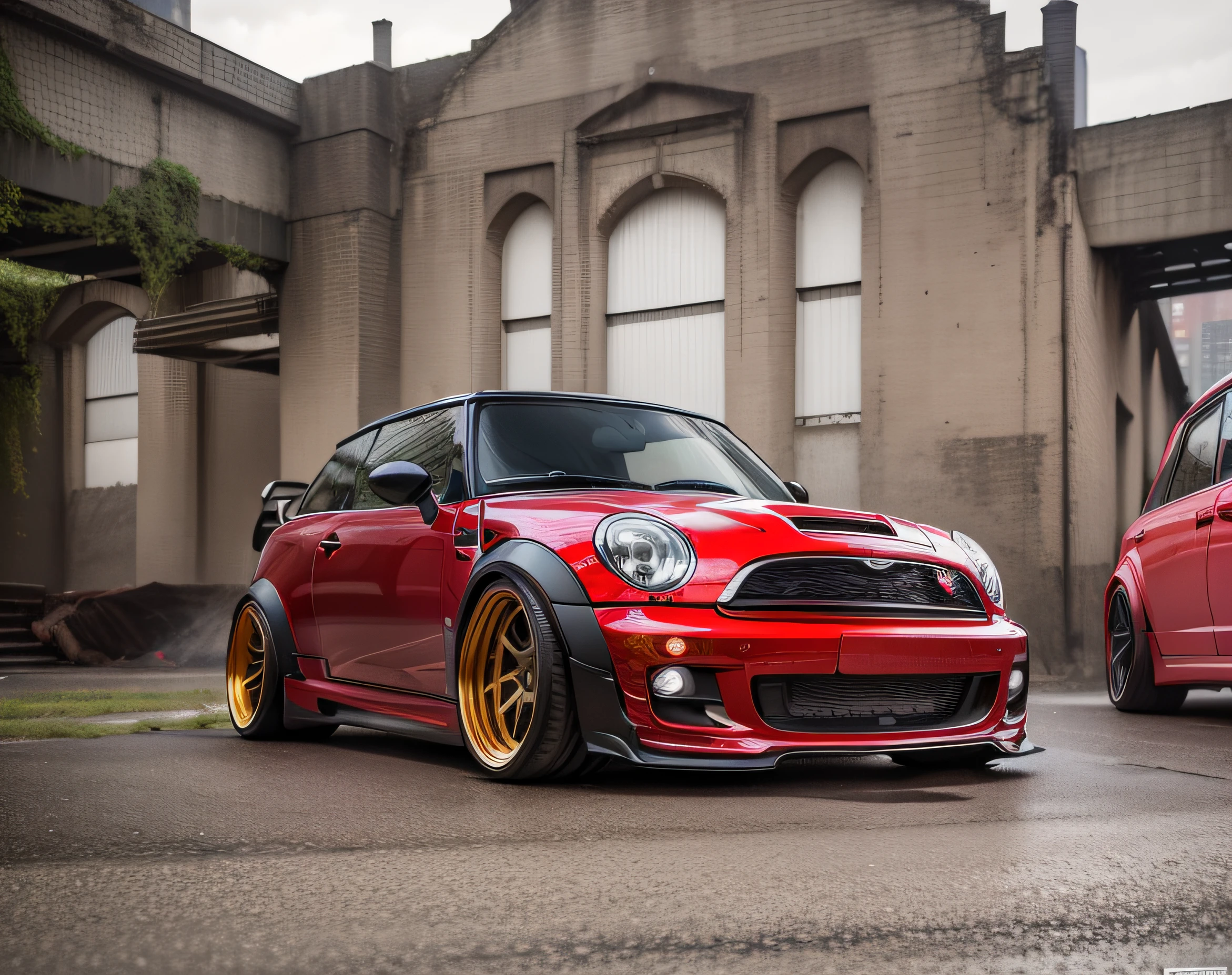 Candy apple red R53 Mini Cooper S JCW, ((carbon fibre, Liberty walk wide body kit)), aggressive stance ((background: under bridge, overcast sky, heavy industrial look, cobble stone street)), 8K quality, realistic, realism, sharp, detailed, ultrawide image, front profile, epic stance, red car, epic wide body kit, super low stance, aggressive looks