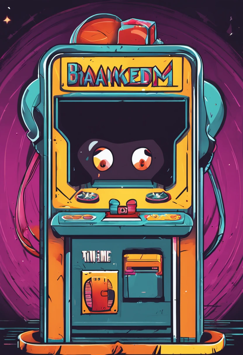 A logo with a vintage arcade machine shaped like a character, with arms and legs, sentada e jogando videogame, with an animated or concentrated expression.