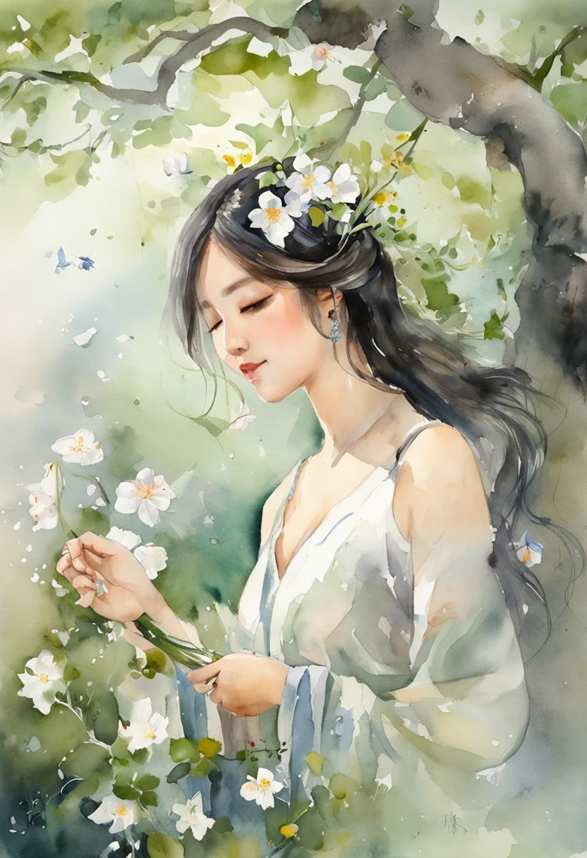 masterpiece、Blooming flowers fluttering in the wind,girl in flower,Light green and silver design,Pay attention to the texture of the skin and flowers,Sony FE 12-24mm F/2.8 grams,Impressionist Garden,Proficient in calligraphy,Environmentally friendly craftsmanship,Brush stroke exploration highest quality、Movie stills、morning、stroll。pup、1girl in、Cloud Girl、floating in sky、a closeup、发光、Happiness、Fresh morning sunshine、(Spark:0.7) 、stroll、landscapes