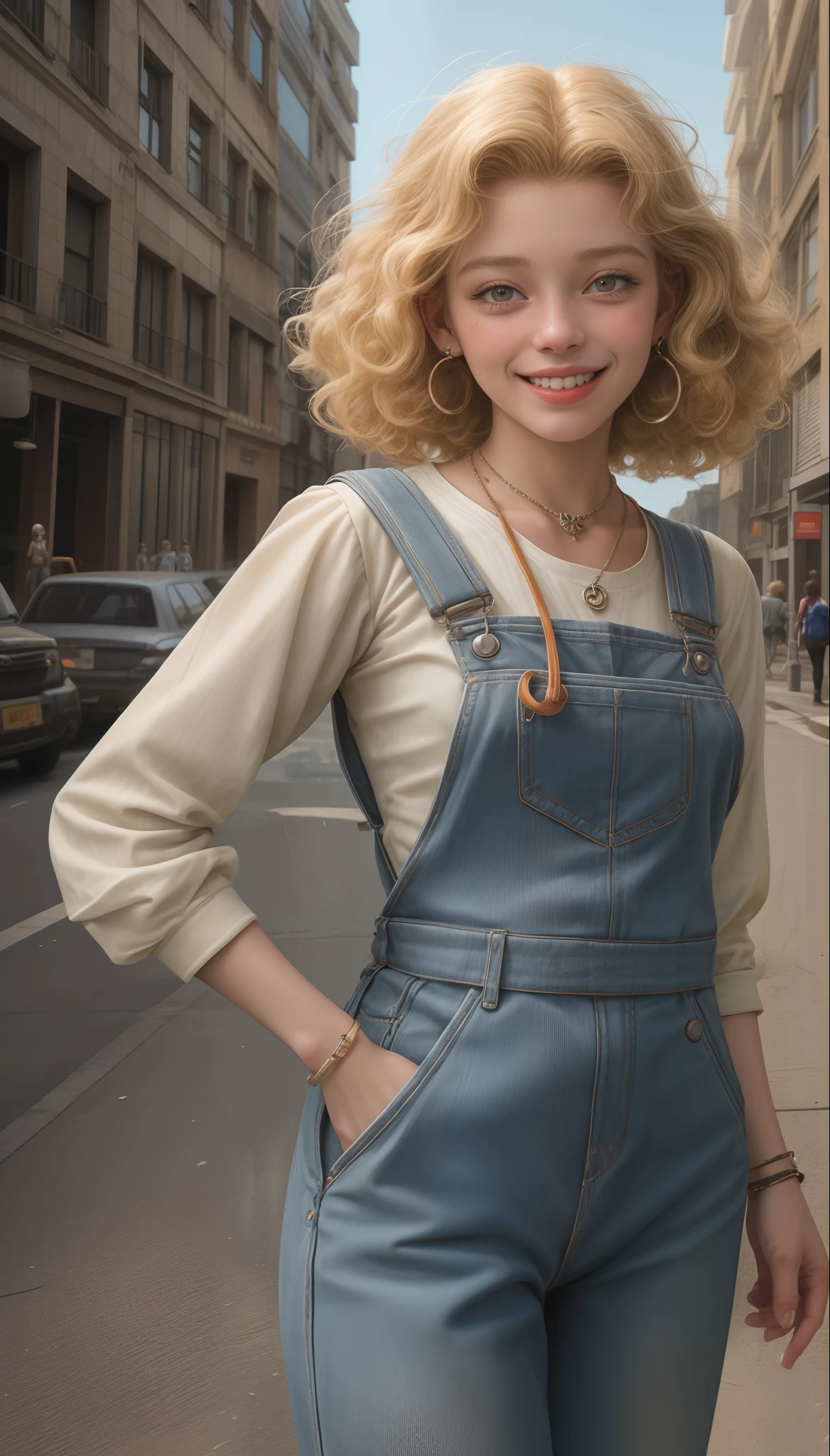 Portrait of a short curly blonde girl of 18 years wearing overalls from the 50s, sorrindo, suada com colar e brincos , 8K Ultra realista, in a city with several buildings, ensolarada