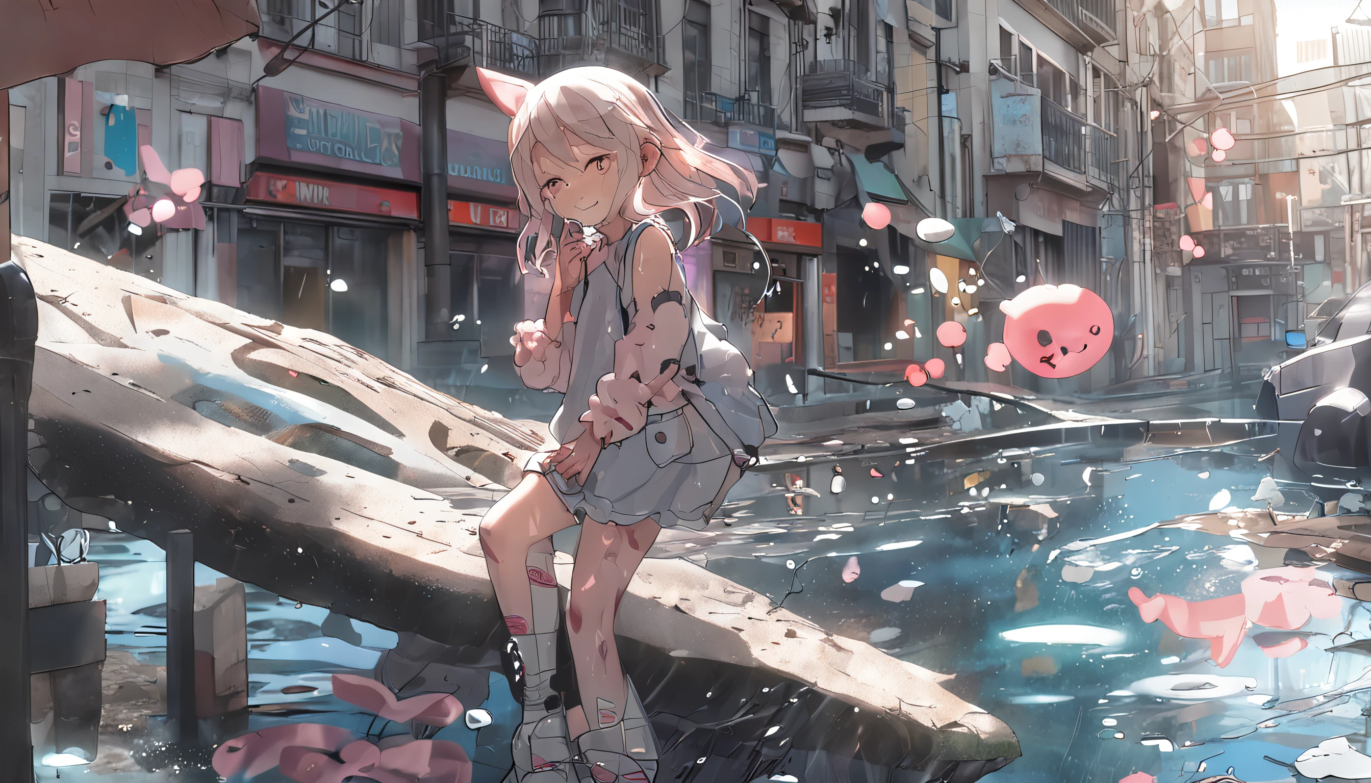 photoRealstic,She is a magical girl、Puddles in the ruins of the city、Float above that puddle、Completely unbeatable cuteness