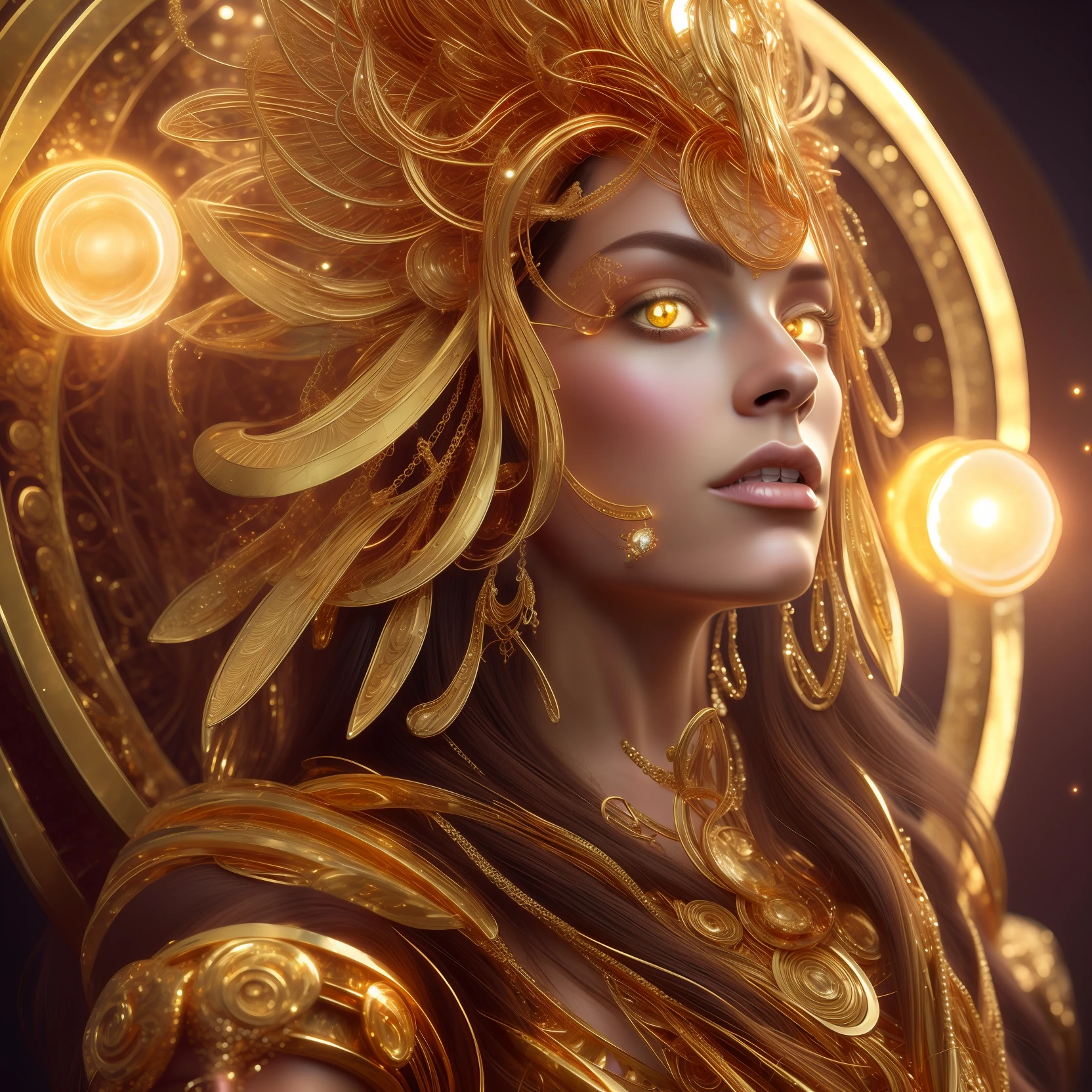 a close up of a woman with a golden headdress and a gold ring, fantasy art behance, goddess. extremely high detail, epic fantasy digital art style, detailed fantasy digital art, extremely detailed goddess shot, artgerm julie bell beeple, detailed digital 2d fantasy art, epic fantasy art portrait, a stunning portrait of a goddess