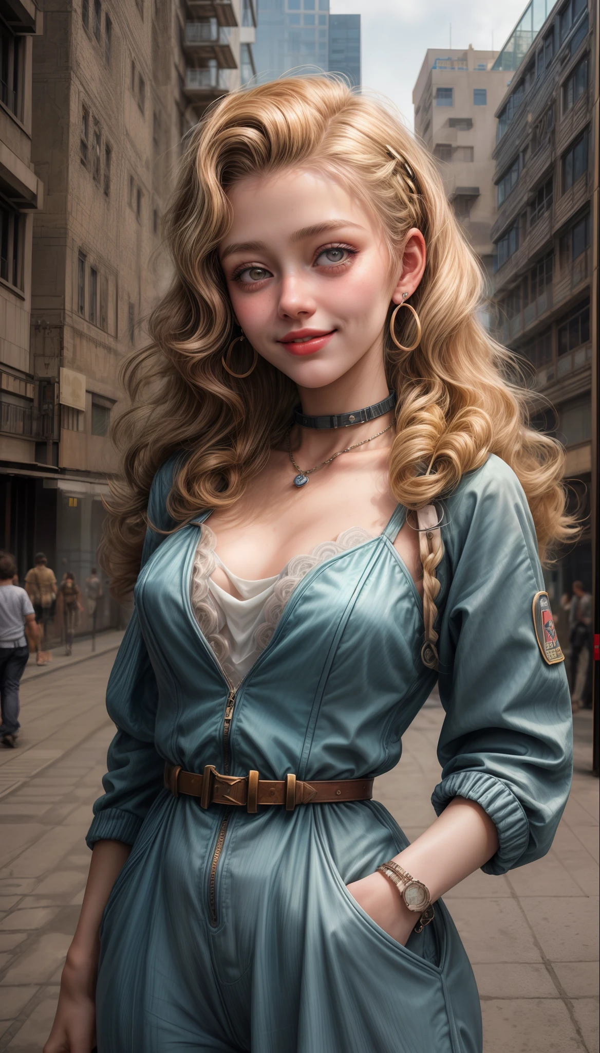 Portrait of an 18-year-old short curly blonde girl wearing 50's jumpsuit, sorrindo, suada  com colar e brincos , 8K Ultra realista, in a city with several buildings, ensolarada