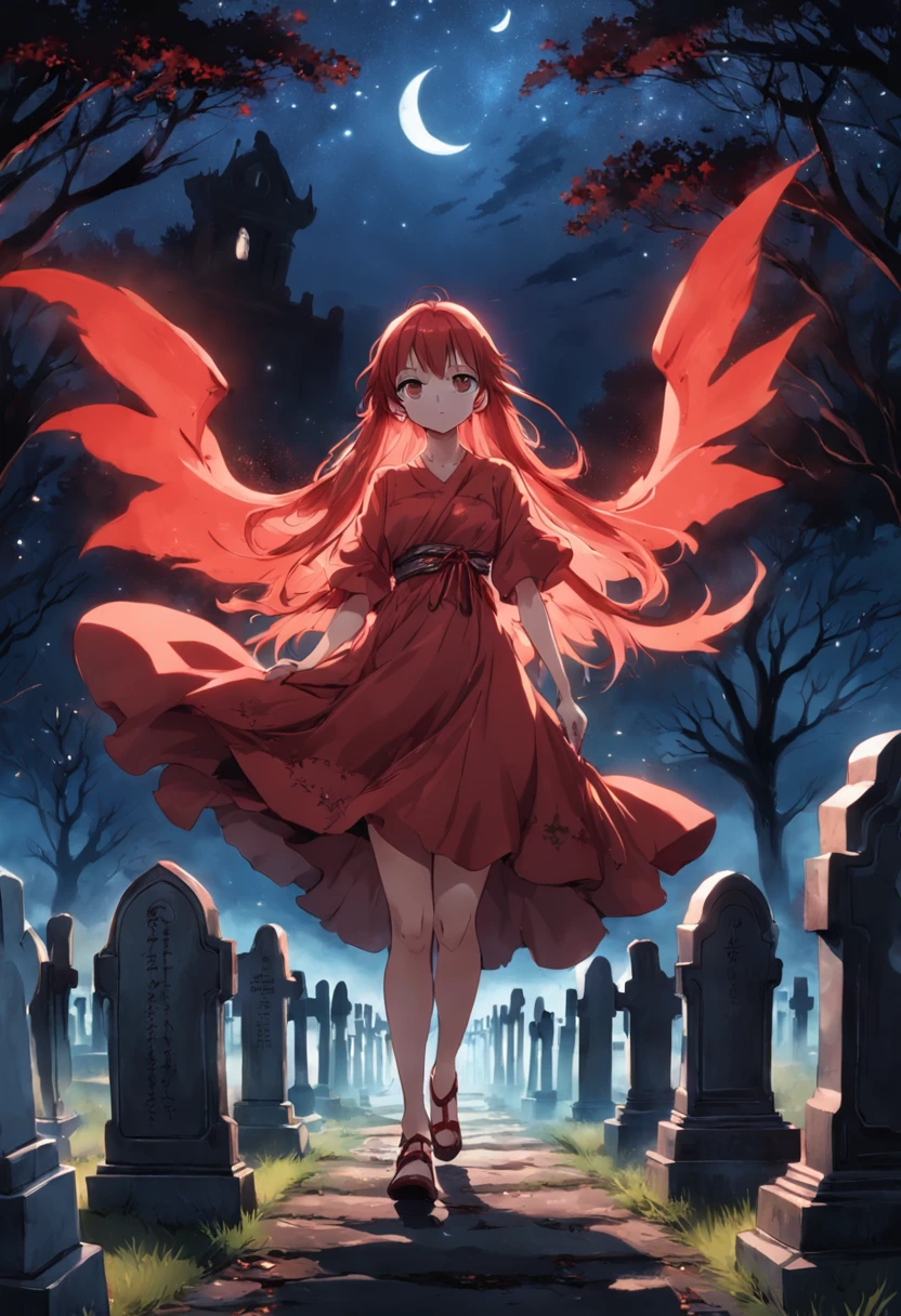 Beautiful woman in red spirit-shaped dress walking amid graves of a cemetery, cabelos negros, noite com estrelas e lua cheia