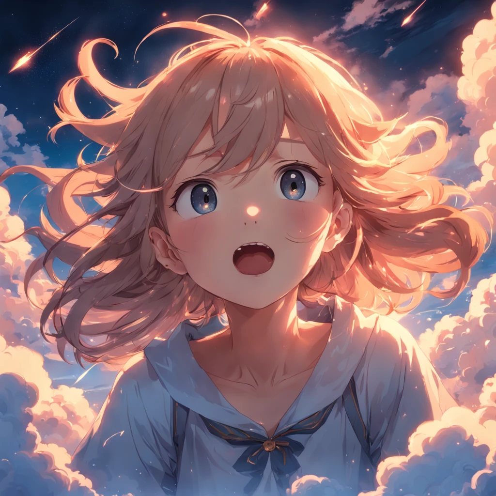 masterpiece, best quality, movie still, 1girl, cloud girl, floating in the sky, close-up, bright, happy, warm soft lighting, sunset, (sparks:0.7)