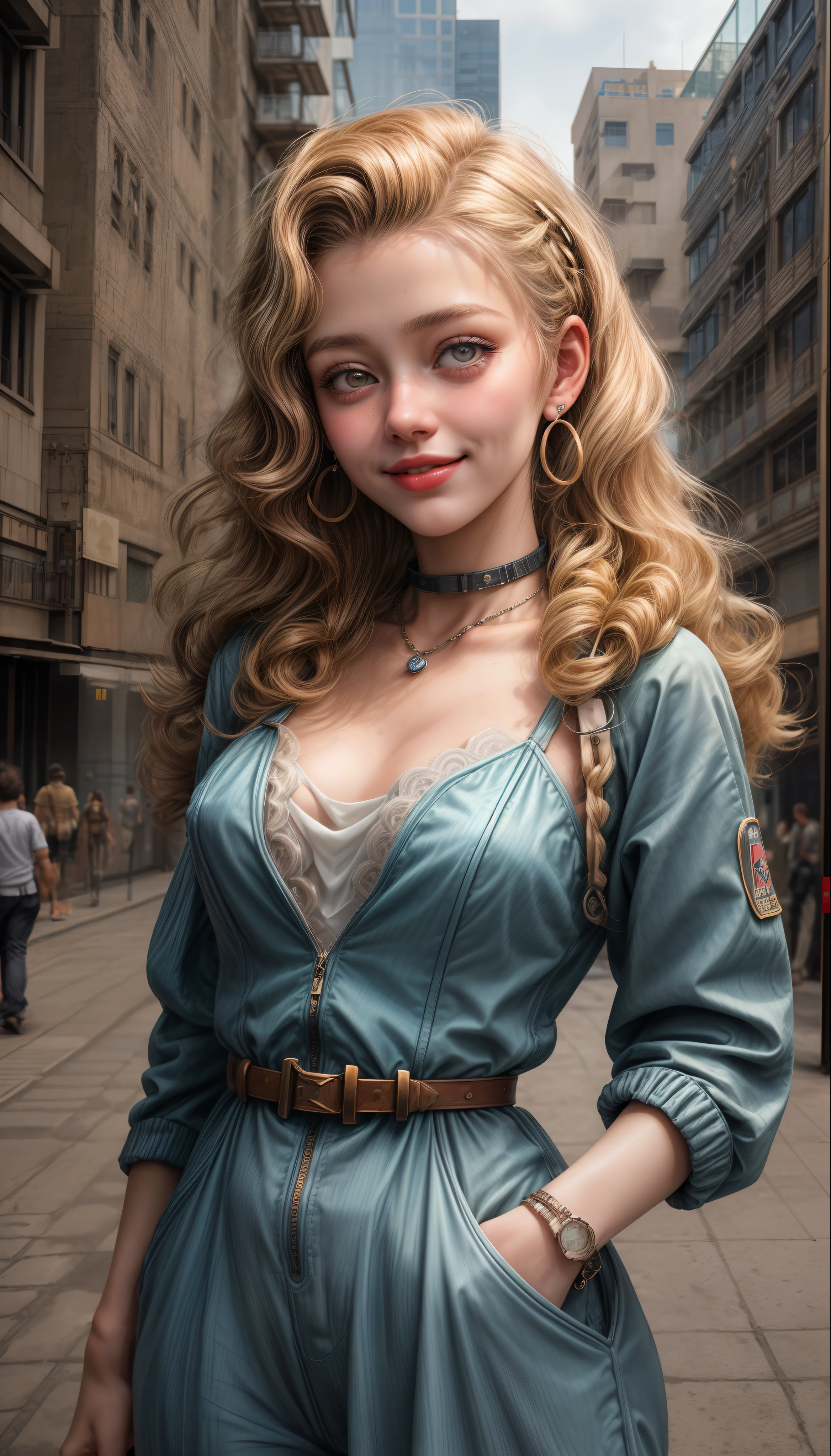 Portrait of an 18-year-old short curly blonde girl wearing 50's jumpsuit, sorrindo, suada com colar e brincos , 8K Ultra realista, in a city with several buildings, ensolarada