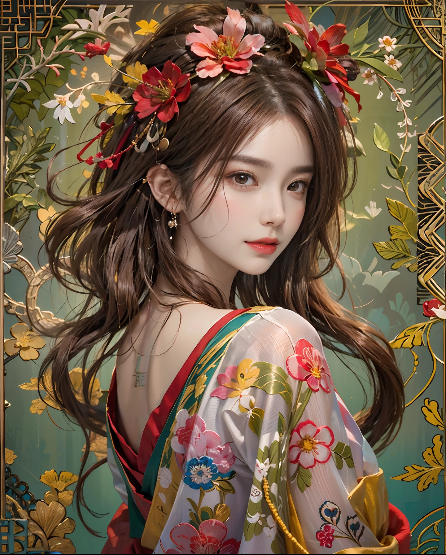 Photorealistic, High resolution, Soft light,1womanl, Solo, hips up high, glistning skin, (Detailed face), Maroon wavy hair, An eye that invites the viewer, Lover's perspective, inviting expression, Sexy smile, Detailed skin, Beautiful Hair Accessories,top-quality、(Zentangle、a Mandala、Tangles、Entanglement)、Lots of colorful flowers on the background、Gradient of red on chestnut hair、Oiran clothes、花魁、Make it look like a real photo、Transparent skin、Body Slender、Breasts are small and B size、Lots of colorful flowers on the background、The gesture of putting hair over your ears、Angle from diagonally above、