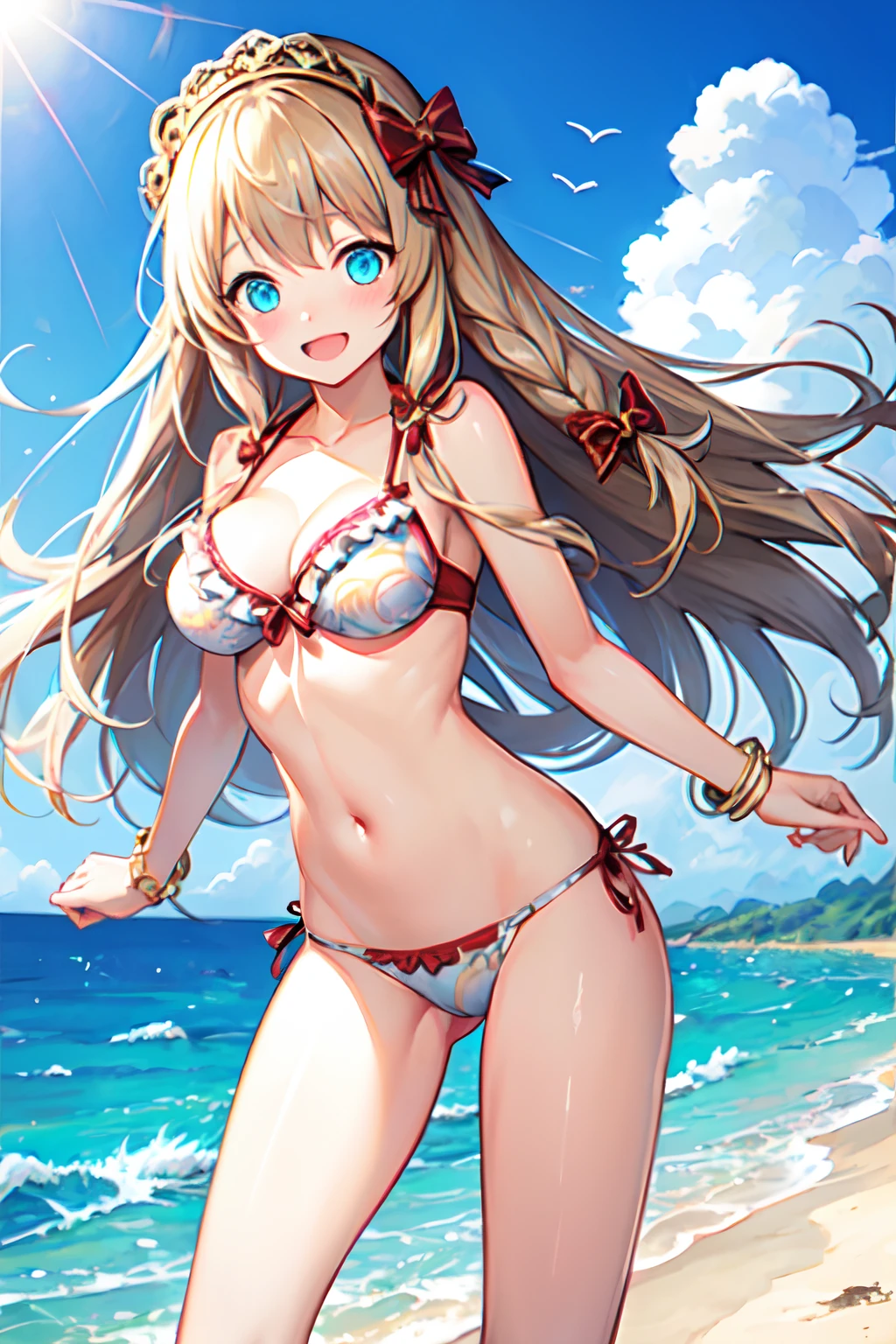 Masterpiece, best quality, Yukka Ende, (blush, embarrassed), smile, open mouth, outside, sky, day, ocean, perfect lighting, red small hair bows, blue eyes, 1girl, solo, swimsuit, crotch seam, Cameltoe, on beach, , middle chest, cowboy shot
