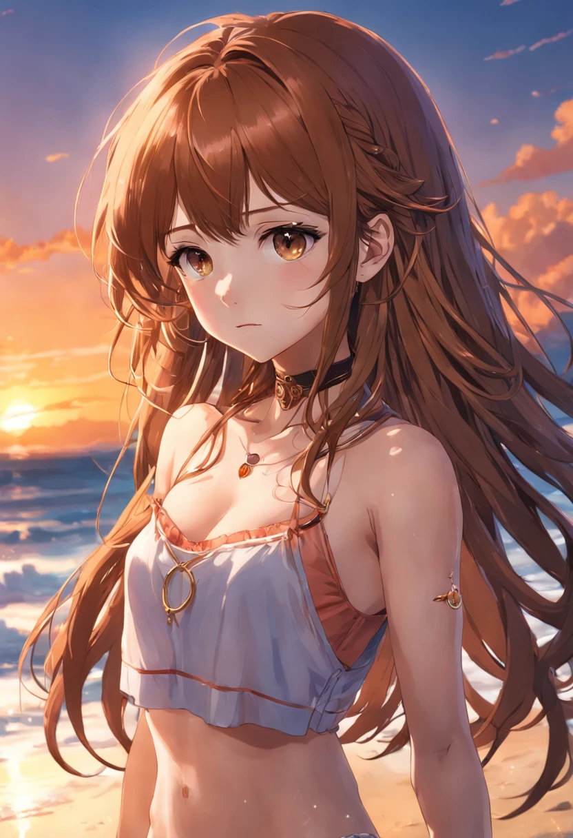 8yk,raw photo,(masterpiece), (best quality), highres,(1girl),(realistic, photo-realistic:1.2),ultra detailed, physically-based rendering,necklace, earrings, air bangs, hair ornament,sunset, collarbone,wristband,navel,long hair,brown hair,ahoge,1girl,middle breasts,beach,wavy hair,thin,