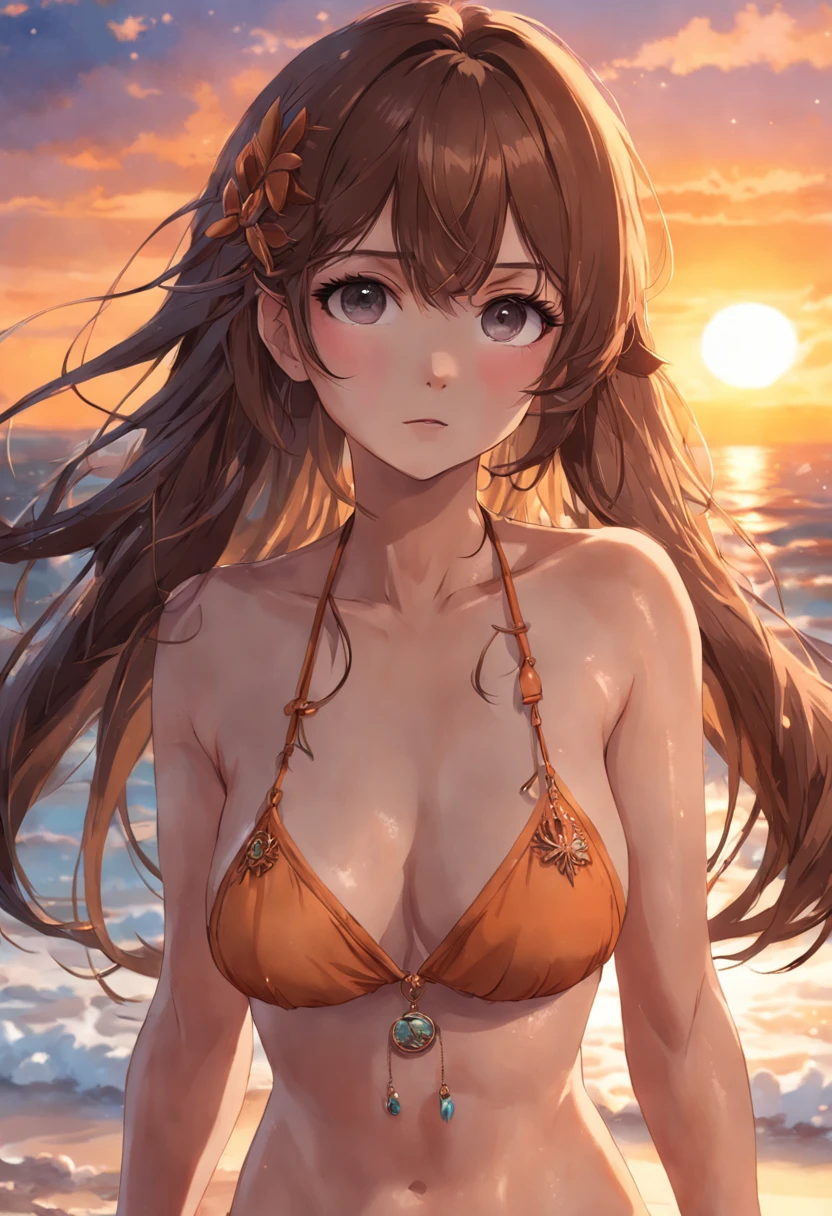 8yk,raw photo,(masterpiece), (best quality), highres,(1girl),(realistic, photo-realistic:1.2),ultra detailed, physically-based rendering,necklace, earrings, air bangs, hair ornament,sunset, collarbone,wristband,navel,long hair,brown hair,ahoge,1girl,middle breasts,beach,wavy hair,thin,
