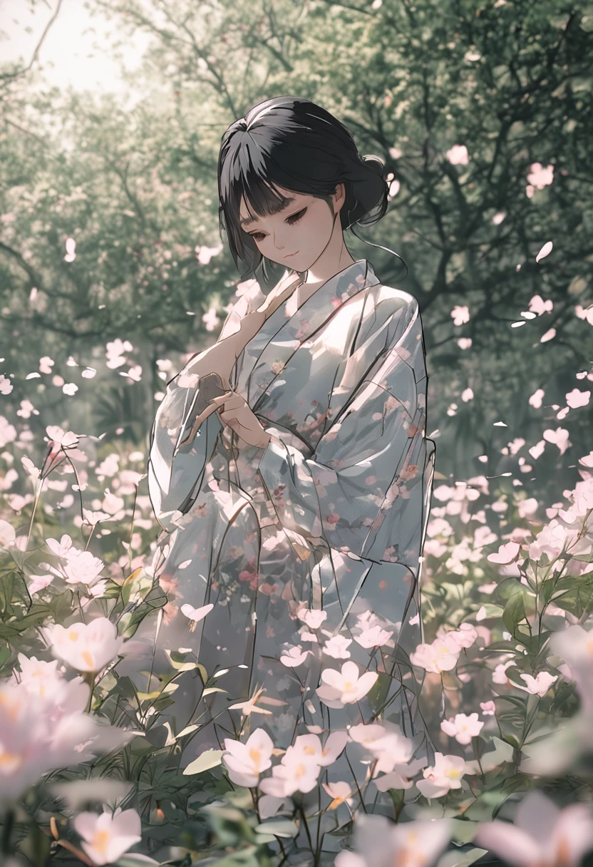 masterpiece、Flowers blooming in the wind,girl in flower,Light green and silver design,Pay attention to the texture of the skin and flowers,Sony FE 12-24mm F/2.8 grams,Impressionist Garden,Proficient in calligraphy,Environmentally friendly craftsmanship,Brush stroke search highest quality、Movie stills、morning、stroll。pup、1girl in、Cloud Girl、floating in sky、a closeup、发光、Happiness、Fresh morning sunshine、(Spark:0.7) 、stroll、landscapes