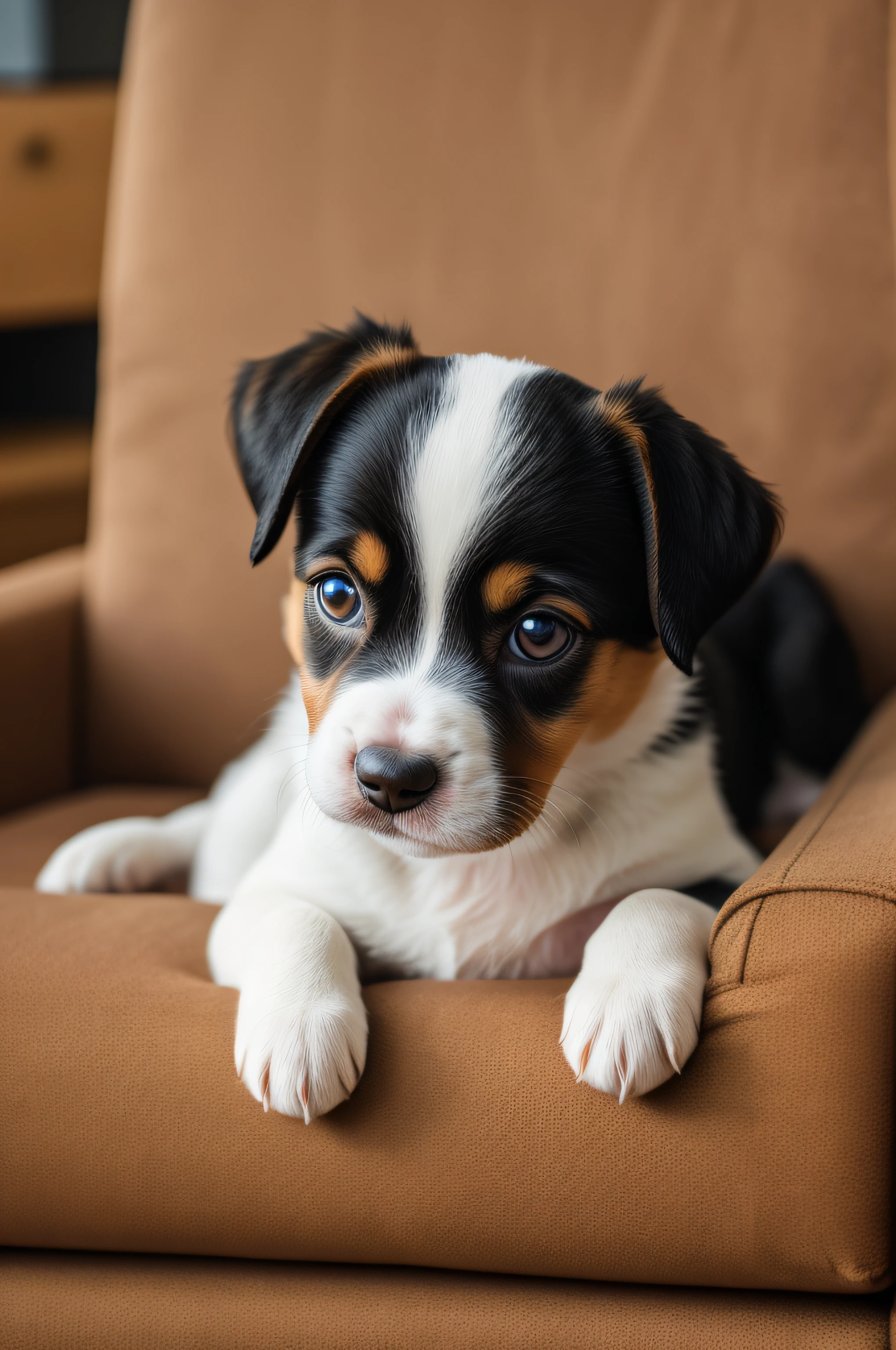a and cute puppy jumping in sofa realistic, close-up,
