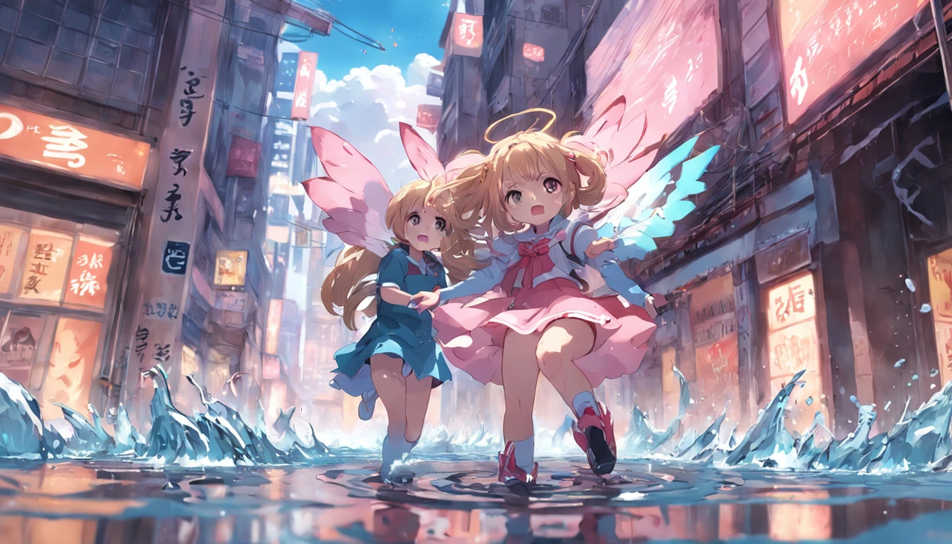 photoRealstic,She is a magical girl、Puddles in the ruins of the city、Float above that puddle、Completely unbeatable cuteness