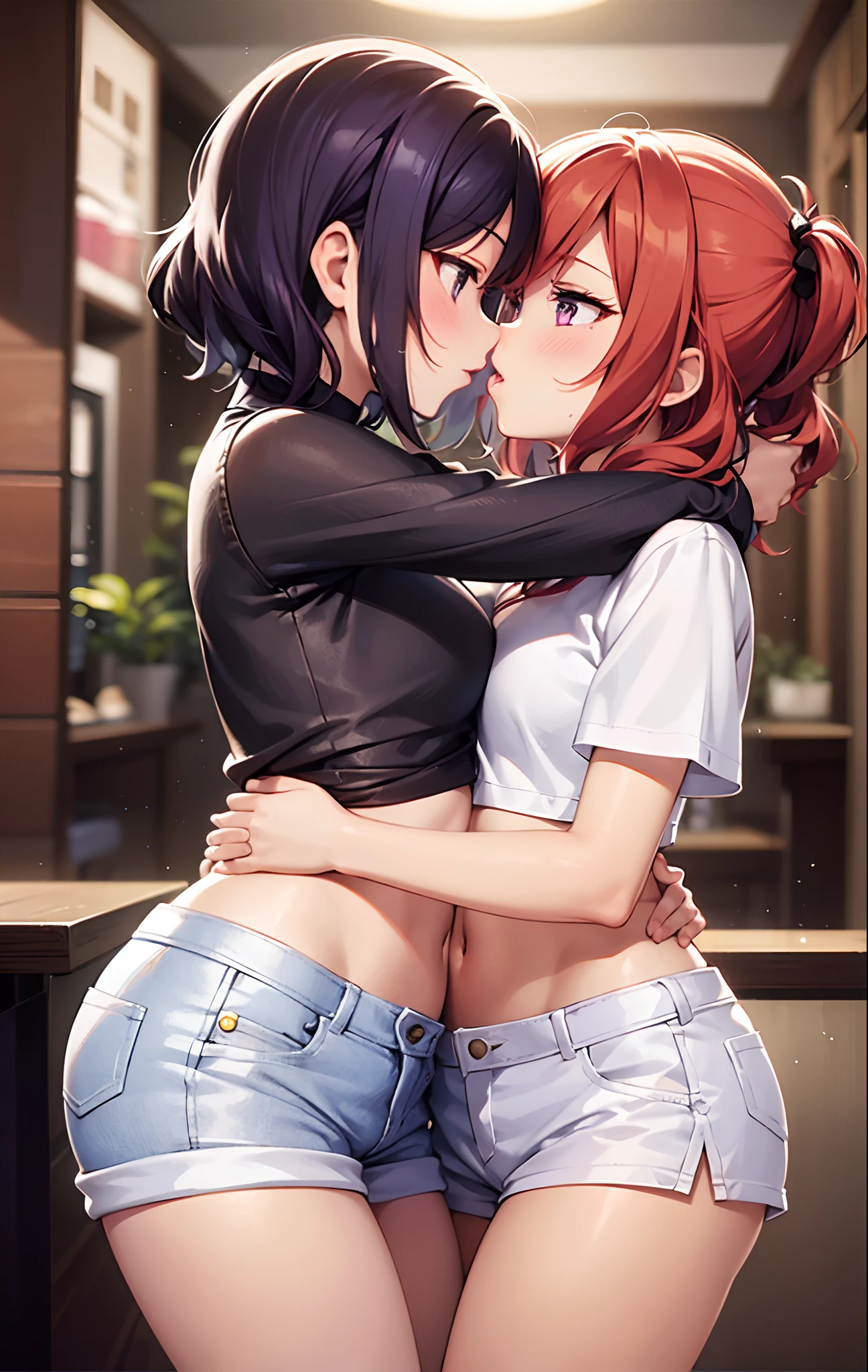 2girls,hug,kiss, lesbian,Nishikino maki, Purple eyes,((short red hair)), blouse, white shorts, brown pantyhose, (midriff:0.8), (lips:0.7), llchar