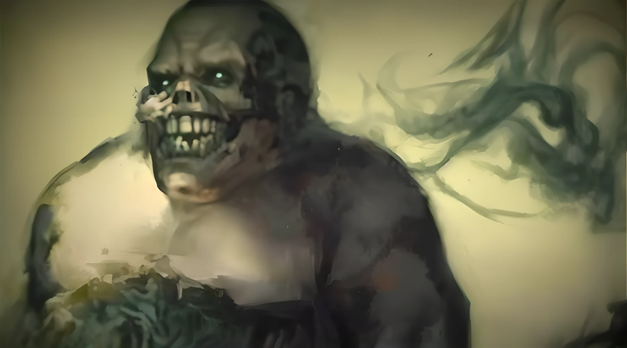 pintura de um homem com uma boca grande e um rosto grande, Zombie attack during WW2, as an ugly titan, eerie nostalgic concept art, humanoide com dentes tortos, Homem de pele marrom com um sorriso gigante, cursed images, gigante imponente feito de zumbis, resident evil virus concept art, big titan creature in the center, a disembodied head screaming
