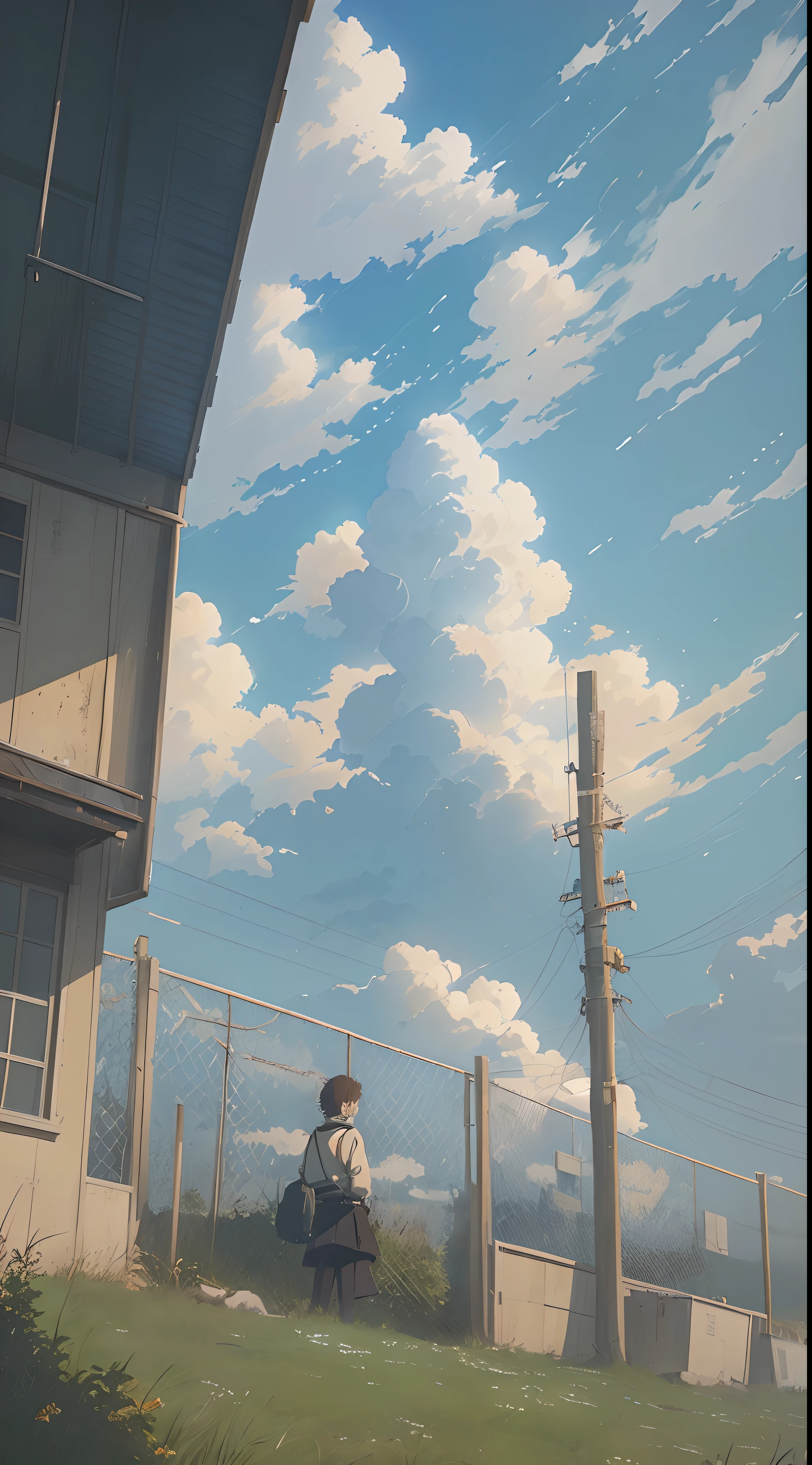 Anime - style images of fences with sky background and words weathered with you, Weathering With You, Atmospheric anime, komono, ( ( Makoto Shinkai ) ), Shinkai sincerely, makoto shinkai movie, key visual, anime key visual”, Kimi no Nava, anime atmospheric