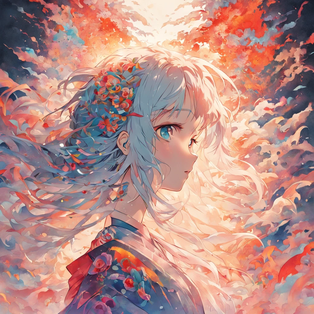 (White background:1.4),(Silhouette of a girl's head, Eyes closed, Colorful long hair, Oriental elements),(Chinese Illustration:1.3,paper art:1.3, Quilted Paper Art:1.2),( Reasonable design, Clear lines, High Sharpness,Best Quality, Very detailed, masutepiece, Movie Light Effects, 4K )