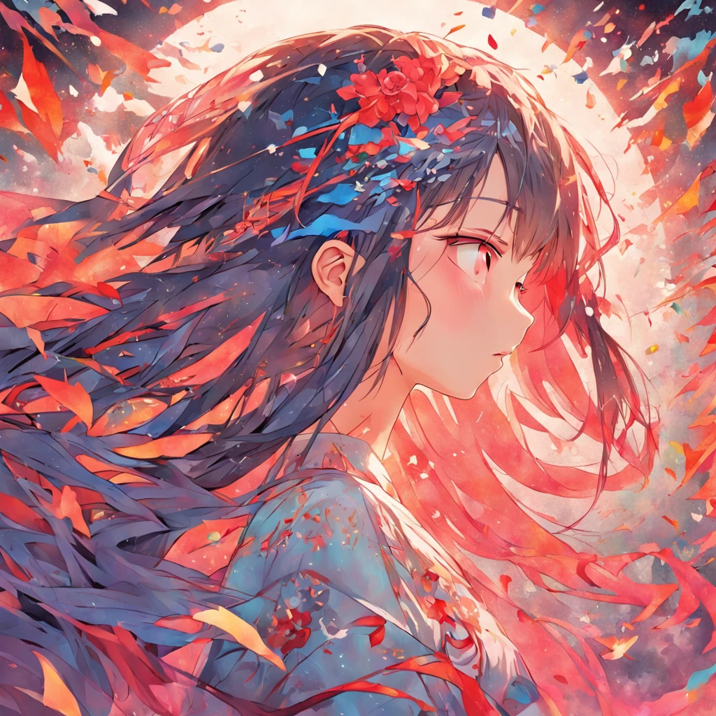 (White background:1.4),(Silhouette of a girl's head, Eyes closed, Colorful long hair, Oriental elements)，(Chinese Illustration:1.3，paper art:1.3, Quilted Paper Art:1.2),( Reasonable design, Clear lines, High Sharpness,Best Quality, Very detailed, masutepiece, Movie Light Effects, 4K )