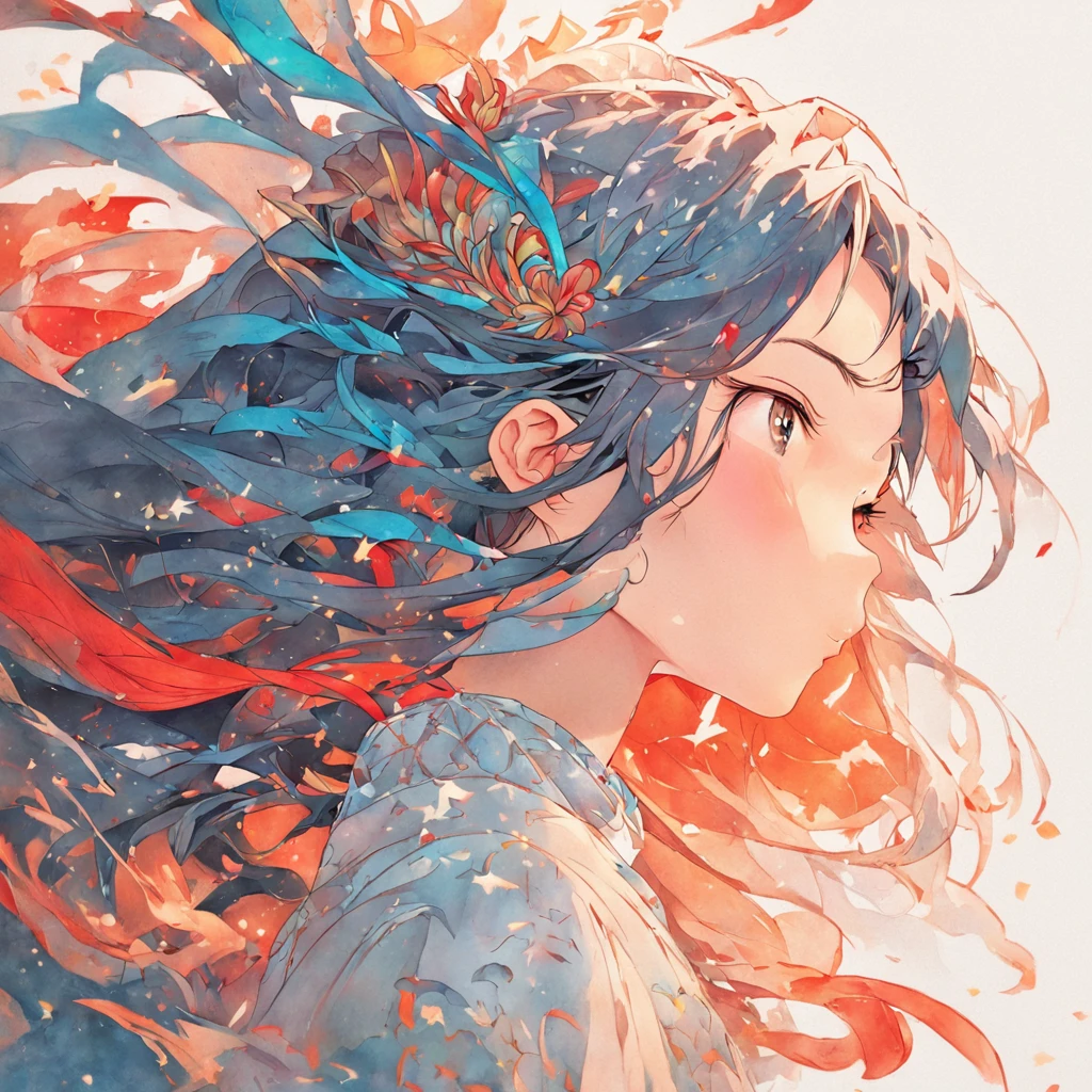 (White background:1.4),(Silhouette of a girl's head, Eyes closed, Colorful long hair, Oriental elements)，(Chinese Illustration:1.3，paper art:1.3, Quilted Paper Art:1.2),( Reasonable design, Clear lines, High Sharpness,Best Quality, Very detailed, masutepiece, Movie Light Effects, 4K )