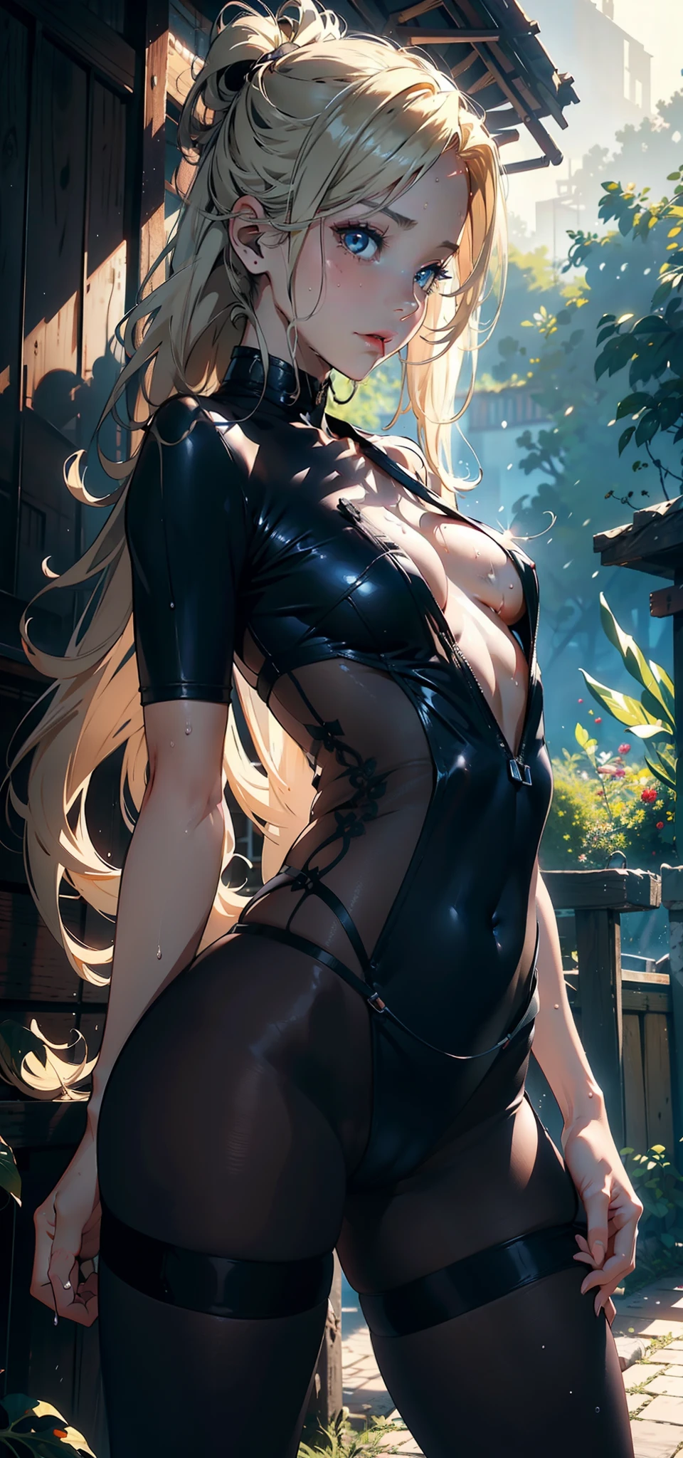 1female,,bit girl,super adorable,smallunderboob,nice hand,Pornhic exposure, 独奏,(Background with:ln the forest,the rainforest,in summer,Water on the ground,exteriors) Feel free to hairstyle,Stride,Sweat profusely,drenched all over the body,seen from the front,Long blonde hair , mostly cloudy sky,(((tmasterpiece),(Very detailed CG unity 8K wallpaper),best qualtiy,cinmatic lighting,detailed back ground,beatiful detailed eyes,Bright pupils,(Very fine and beautiful),(Beautiful and detailed eye description),ultra - detailed,tmasterpiece,)),face to the viewer,frontage,A high resolution,ultra - detailed)nakeness,Wipe off panties,rg breasts,Bare gen Bulge,Camel toes,Raised sexy,ession,Flushed comxion,-mouthed,frontage,Vampires(Wearing:,Black pantyhose)