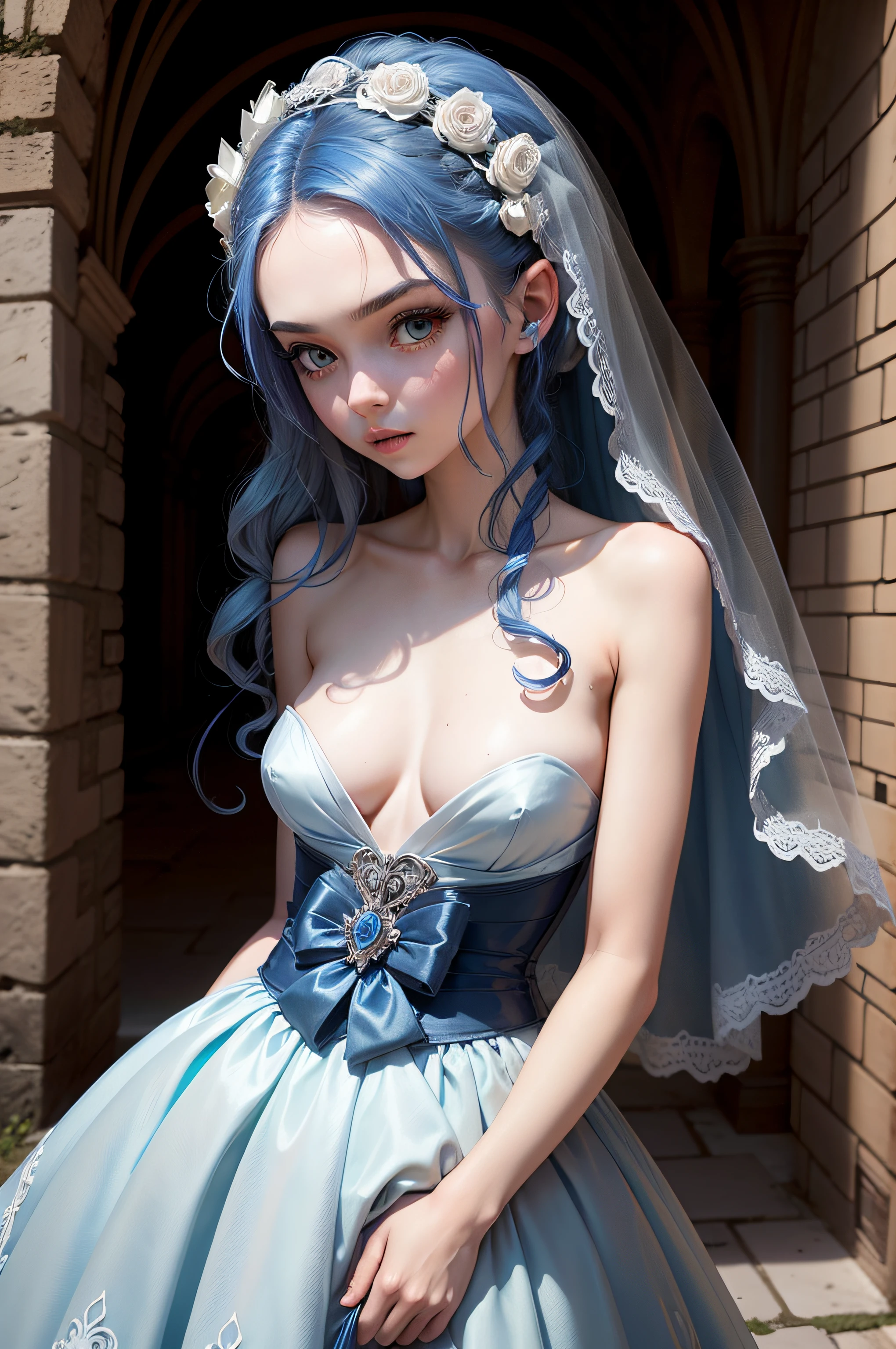 emily, corpse bride at 18 years old nude at the vitorian castle, pubic hair, blue hair, bridal diadem