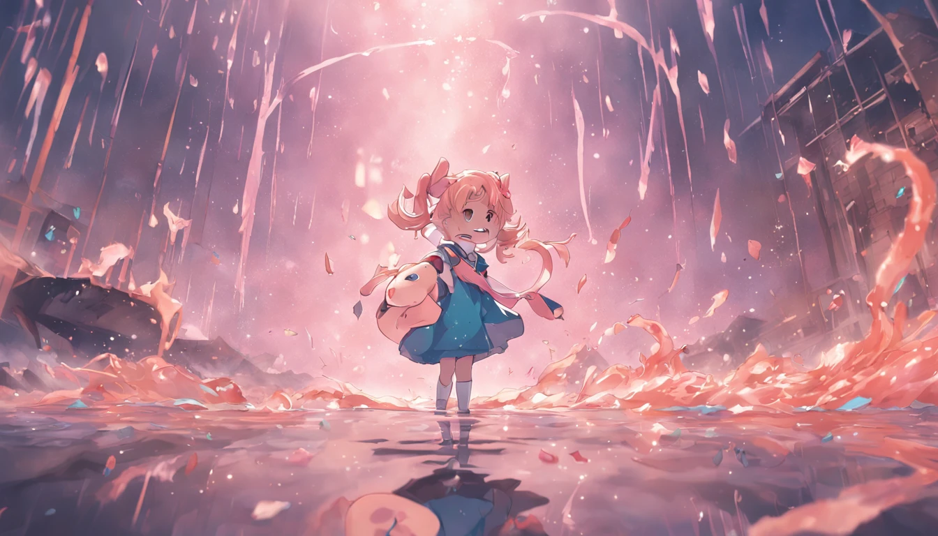 photoRealstic,She is a magical girl、Puddles in the ruins of the city、Float above that puddle、Completely unbeatable cuteness