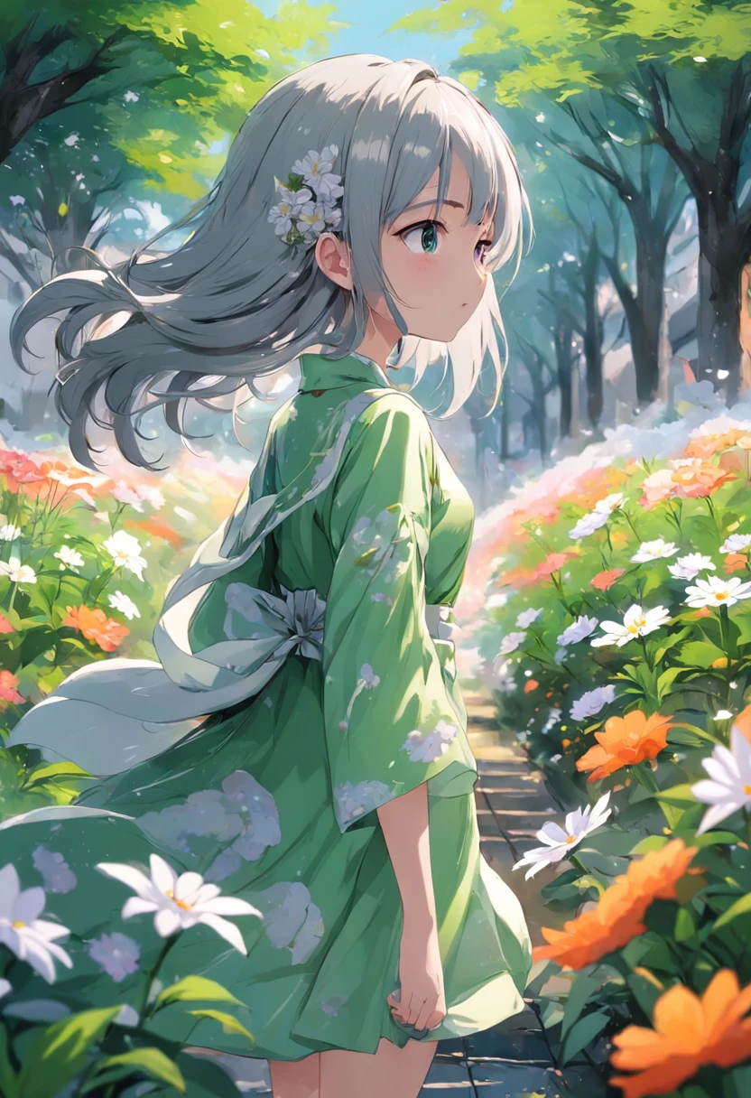 ​masterpiece、Flowers blooming in the wind，girl in flower，Light green and silver design，Pay attention to the texture of the skin and flowers，Sony FE 12-24mm F/2.8 grams，Impressionist Garden，Proficient in calligraphy，Environmentally friendly craftsmanship，Brush stroke search highest quality、Movie stills、morning、stroll。pup、1girl in、Cloud Girl、floating in sky、a closeup、发光、Happiness、Fresh morning sunshine、(Spark:0.7) 、stroll、landscapes