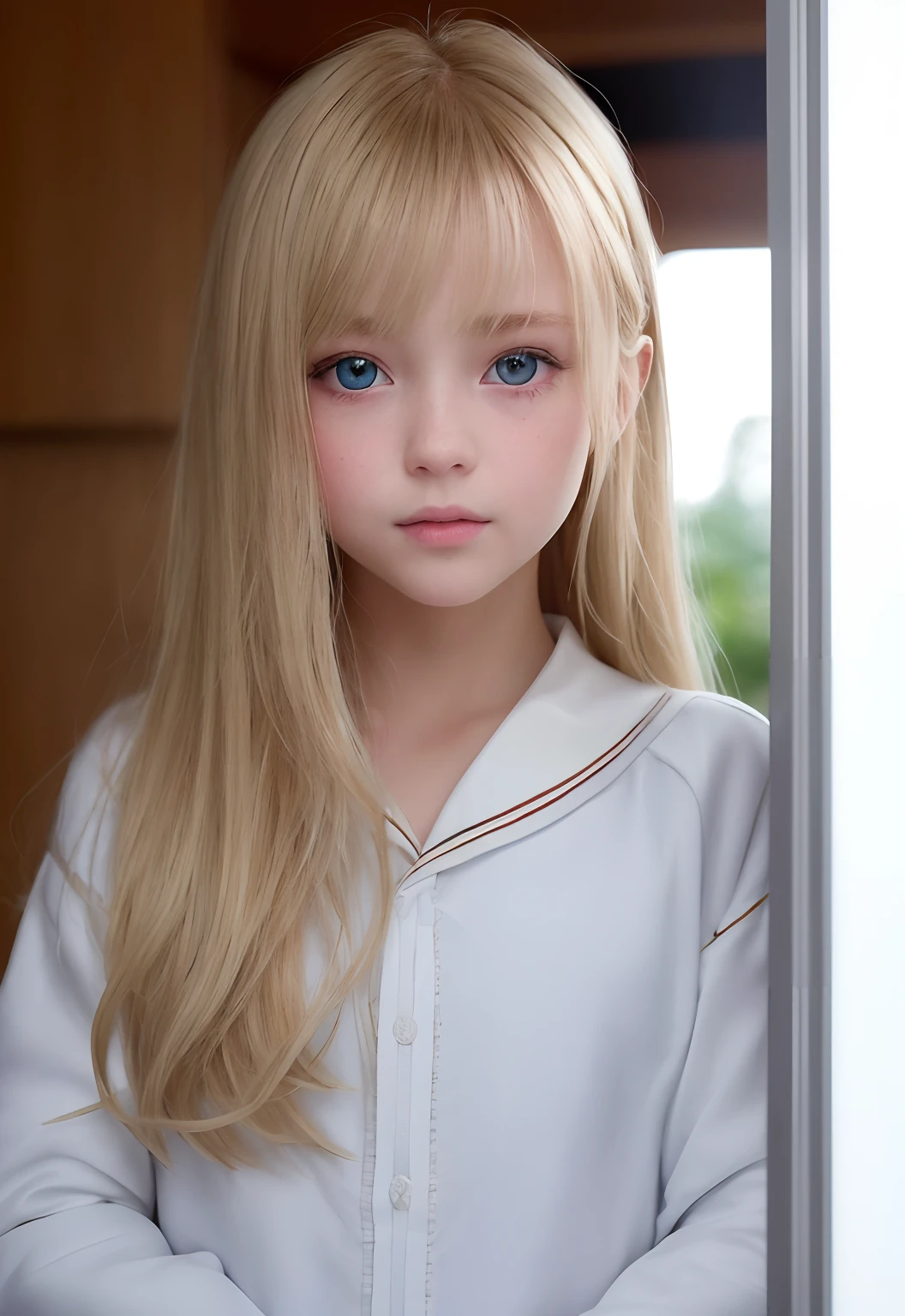 RAW Photography、(((Portrait of extreme beauty)))、((Glowing white skin))、女の子1人、18-year-old cute beautiful girl、((Lustrous light natural blonde hair))、[blue eyess]、silky fine hair、stright long hair、eye liner、bangss、Hair between the eyes、A slight smil、((​masterpiece、top-quality、ultra-detailliert、Film Light、intricate-detail、hight resolution、8k、ighly detailed))、细致背景、8k uhd、Digital SLR、Soft Light、hightquality、Film Grain、Shallow depth of field、natural soft light、（perfect hand）、Perfect beautiful face、a sailor suit
