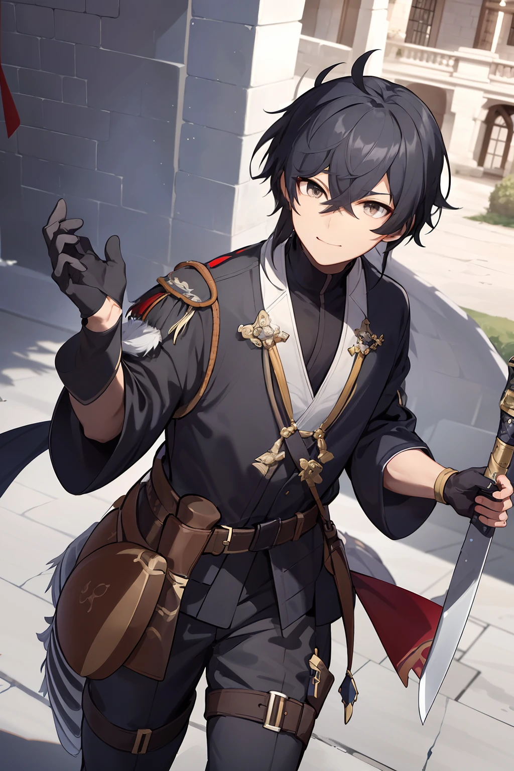 a man with black hair and gray eyes, who wears a black medieval outfit, boots and brown gloves, has two swords and a red slime as a mascot. master piece, 8k,semi-realistic,4k,RTX,Shaders,glossy texture work.