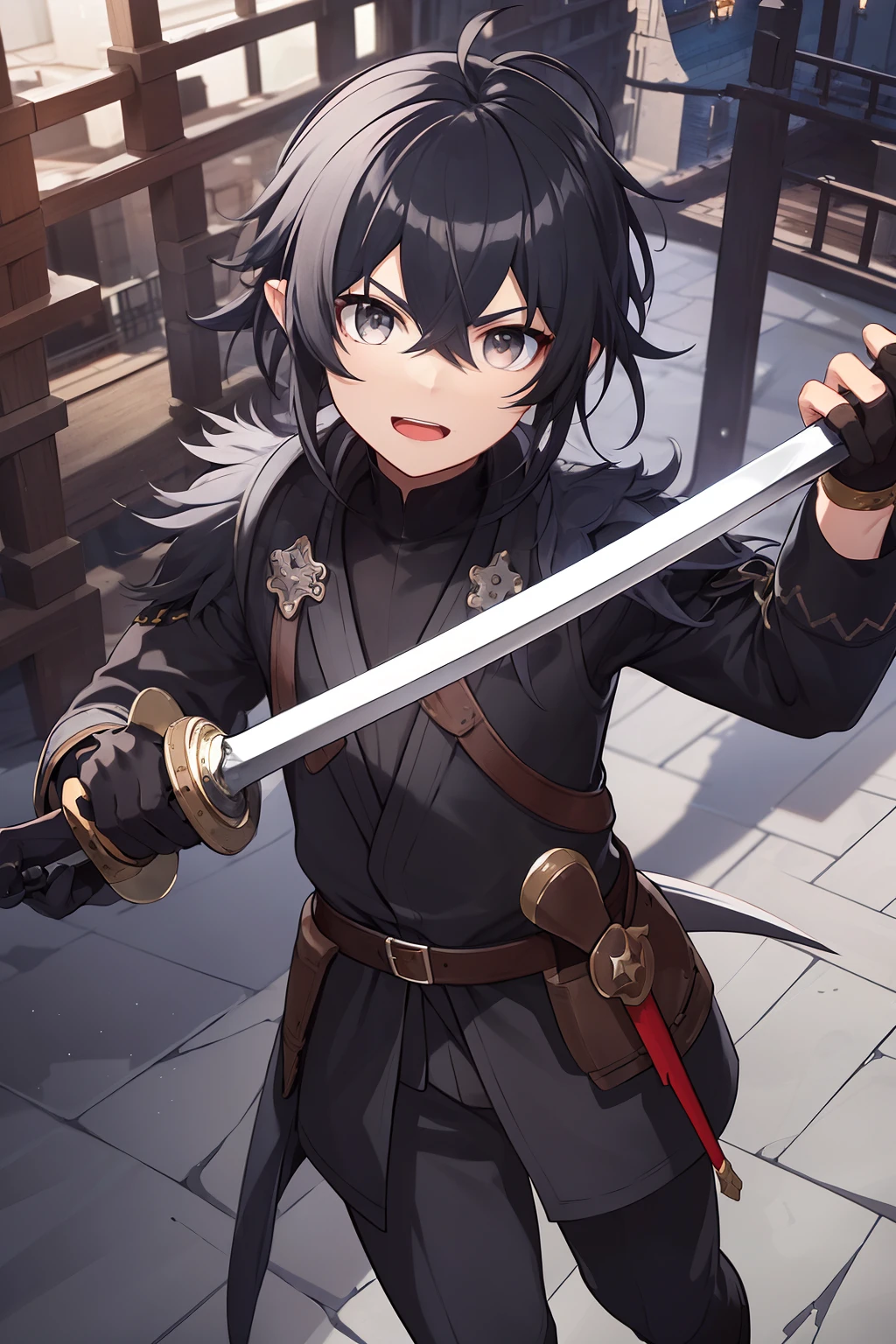 a man with black hair and gray eyes, who wears a black medieval outfit, boots and brown gloves, has two swords and a red slime as a mascot. master piece, 8k,semi-realistic,4k,RTX,Shaders,glossy texture work.