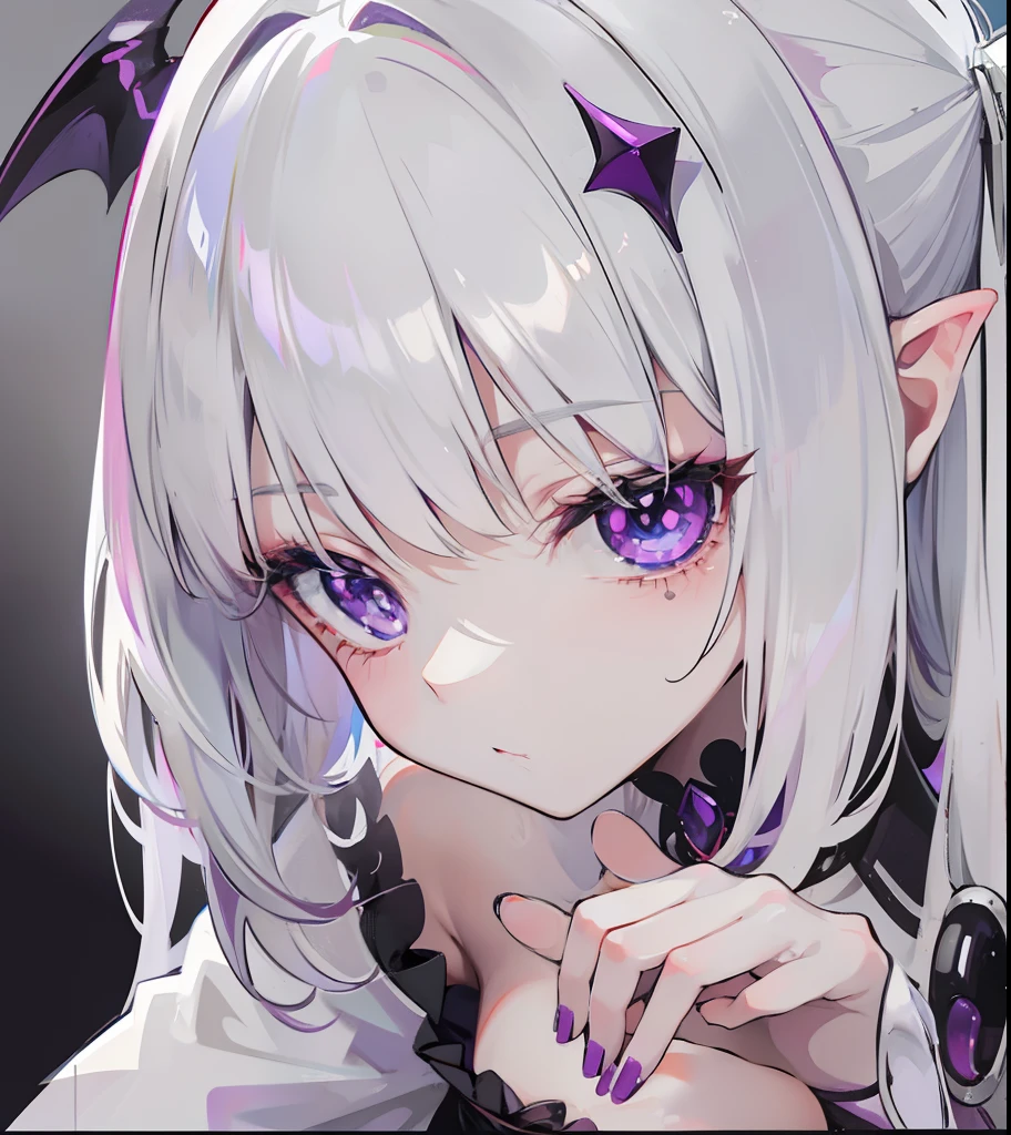 A beautiful elf girl with deep purple eyes and short white hair and bangs,wears a black short sleeveless with a black jacket hanging over her shoulder and wears a pearl turtle neck with white gloves on her hands,also has rabbit ears