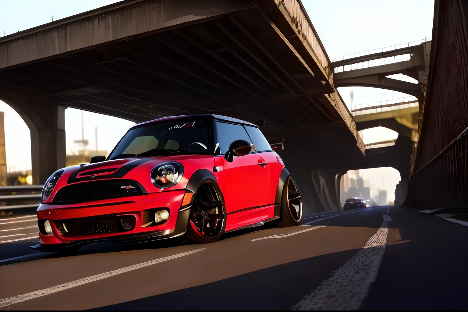 Candy apple red R53 Mini Cooper S JCW, ((carbon fibre, Liberty walk wide body kit)), aggressive stance ((background: under bridge, overcast sky, heavy industrial look, cobble stone street)), 8K quality, realistic, realism, sharp, detailed, ultrawide imageclose up of a candy apple red R53 mini cooper s JCW and grey r53 mini cooper s under a bridge, candy apple red mini cooper s, liberty walk wide body kit, black and carbon fibre and red scheme, front profile, epic stance, red car, epic wide body kit, super low stance, aggressive looks