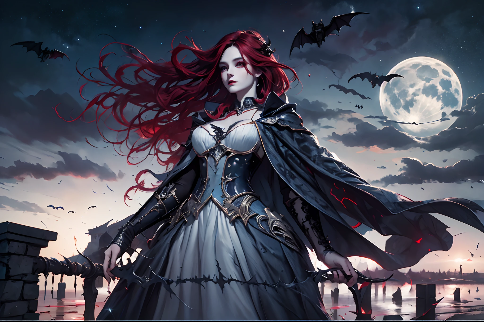 a picture of an exquisite beautiful female vampire standing under the starry night sky on the porch of her castle, dynamic angle (ultra detailed, Masterpiece, best quality), ultra detailed face (ultra detailed, Masterpiece, best quality), ultra feminine, grey skin, red hair, wavy hair, dynamic eyes color, cold eyes, glowing eyes, intense eyes, dark red lips, [fangs], wearing white dress (ultra detailed, Masterpiece, best quality), blue cloak (ultra detailed, Masterpiece, best quality), long cloak, flowing cloak (ultra detailed, Masterpiece, best quality), high heeled boots, sky full of stars background, fantasy_night, moon, bats flying about, high details, best quality, 8k, [ultra detailed], masterpiece, best quality, (ultra detailed), full body, ultra wide shot, photorealism, dark fantasy art, dark fantasy art, gothic art, many stars, dark fantasy art, gothic art, sense of dread,