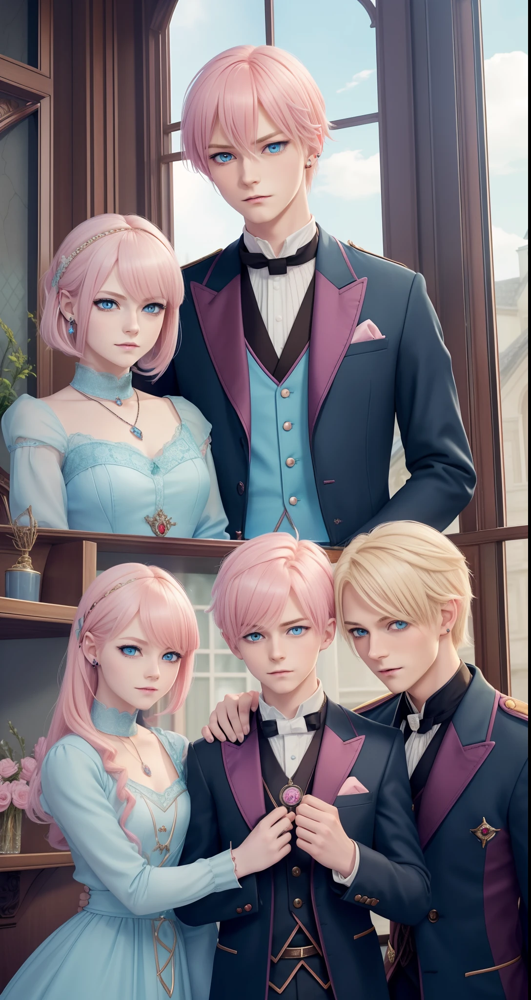 ​masterpiece, top-quality, 2Others, ((Family of 4 people)), Adults, Height difference, different color, finely eye and detailed face, intricate detailes, Wizarding World Costumes, Inside the coffee shop, During the walk, A smile, Happiness, tenderness, youthfulness, high-level image quality、 Beautiful men and women、tall、window、𝓡𝓸𝓶𝓪𝓷𝓽𝓲𝓬、British men, Idol Photos, k pop, Professional Photos, ((Vampire Man and Witch)), Fedoman with necklace, inspired by Sim Sa-jeong, androgynous vampire, :9 detailed face: 8, extra detailed face, detailed punk hair, ((Light blue eyes)) baggy eyes, Seductive. Highly detailed, semi realistic anime, Vampires, hyperrealistic teen, delicate androgynous prince, imvu, short hair above the ears, Man with short hair, Woman with long hair, With a man with a glaring expression, Gentle smiling woman, ((Little Englishboy with short pink hair and light blue eyes)), ((Father with short blonde hair and light blue eyes)), ((Mother with little long pink hair and light blue eyes)), ((Girl with rather long blonde hair and light blue eyes)), ((Family Photography)), ((4 people are taking pictures)), ((Group photo of 4 people)), ((Family of 4 people)), ((Only 4 people))