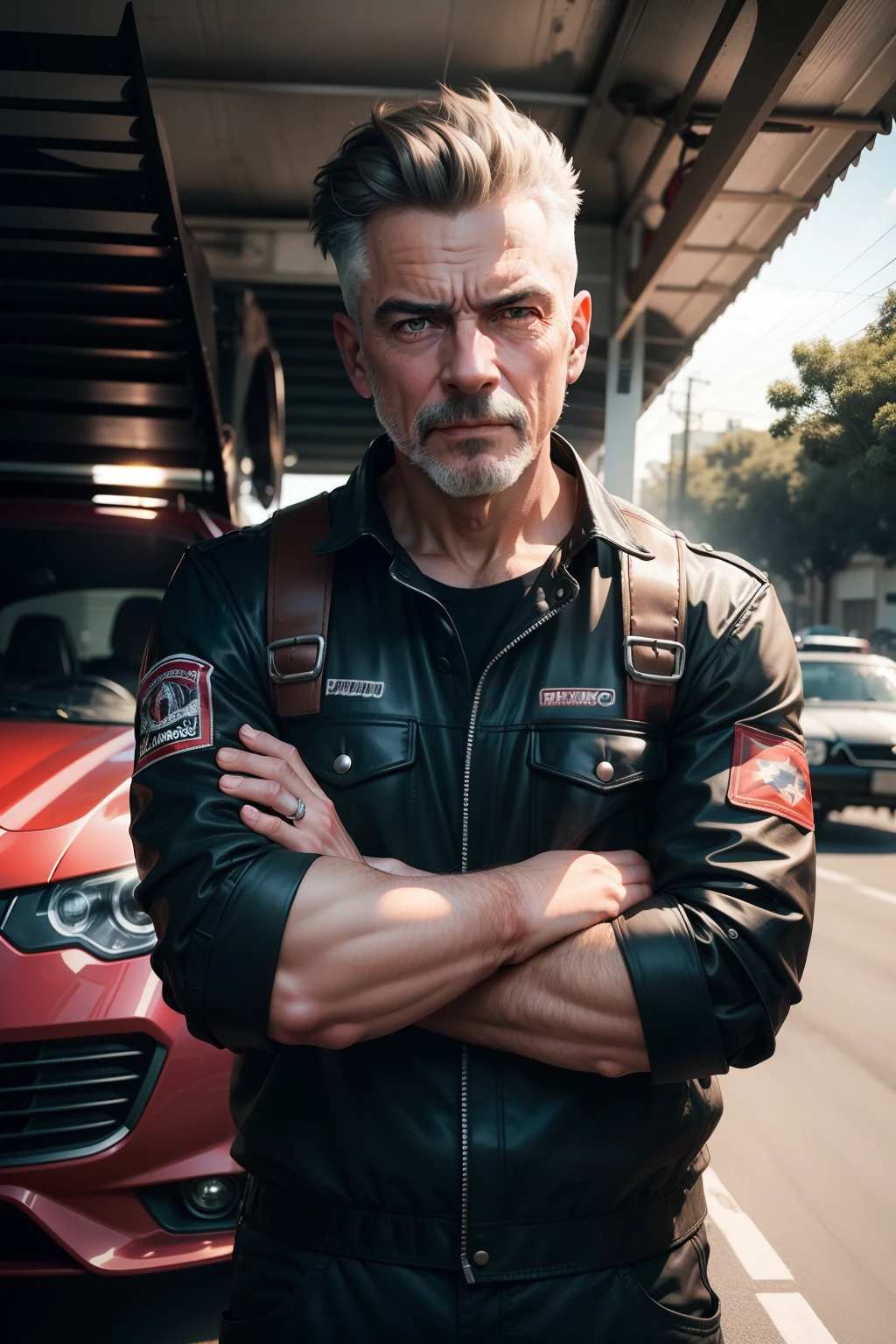 homem parado na frente de um carro, Mechanicalgirl, old charismatic mechanic, imagem frontal, Homens de 45 anos,
