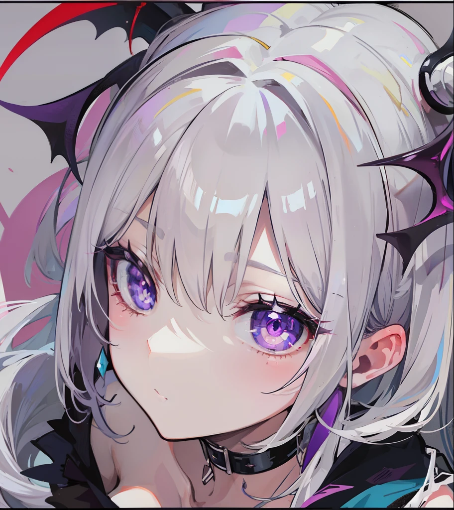 Creamy white hair,Deep purple pupils,Cute and seductive succubus girl