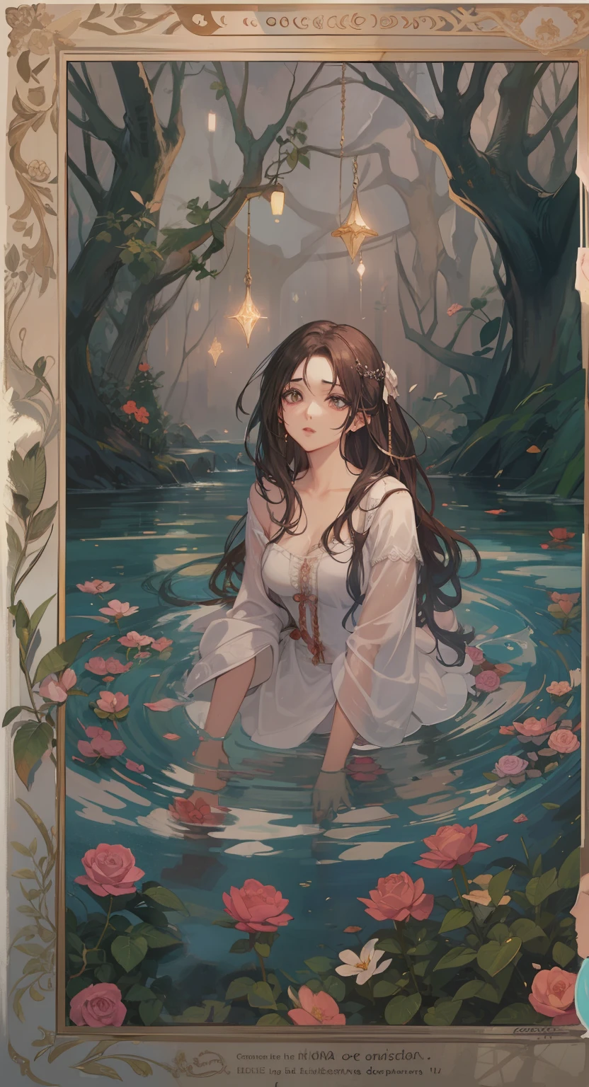 Uma bela mulher corada com olhos verdes e cabelos castanhos, rose-tinted lips, ela esta deitada sobre uma banheira grande de madeira, relaxando na agua, Expressive dramatic An art for an RPG A medieval art for RPG
