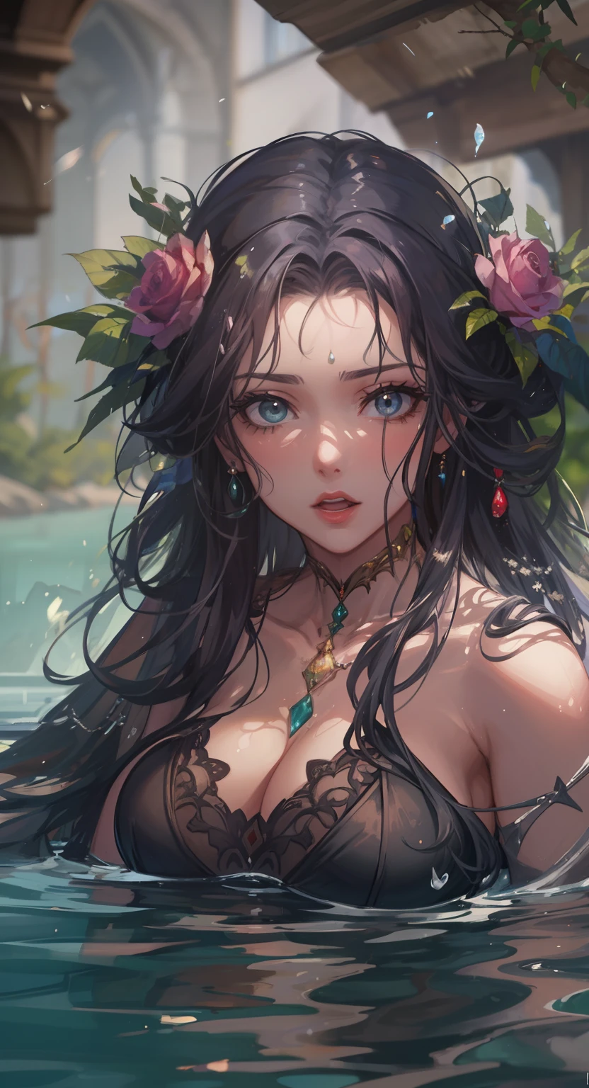 Uma bela mulher corada com olhos verdes e cabelos castanhos, rose-tinted lips, ela esta deitada sobre uma banheira grande de madeira, relaxando na agua, Expressive dramatic An art for an RPG A medieval art for RPG