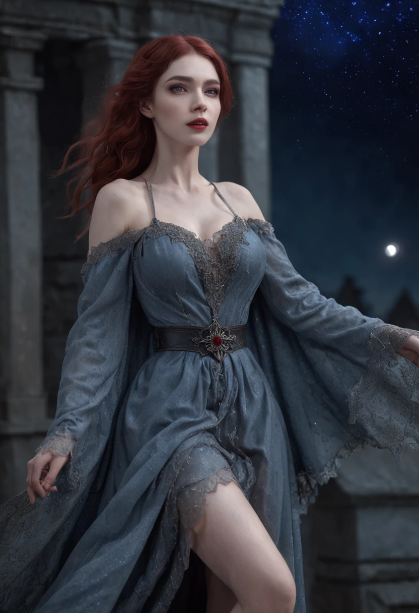 a picture of an exquisite beautiful female vampire standing under the starry night sky on the porch of her castle, dynamic angle (ultra detailed, Masterpiece, best quality), ultra detailed face (ultra detailed, Masterpiece, best quality), ultra feminine, grey skin, red hair, wavy hair, dynamic eyes color, cold eyes, glowing eyes, intense eyes, dark red lips, [fangs], wearing white dress (ultra detailed, Masterpiece, best quality), blue cloak (ultra detailed, Masterpiece, best quality), long cloak, flowing cloak (ultra detailed, Masterpiece, best quality), high heeled boots, sky full of stars background, fantasy_night, moon, bats flying about, high details, best quality, 8k, [ultra detailed], masterpiece, best quality, (ultra detailed), full body, ultra wide shot, photorealism, dark fantasy art, dark fantasy art, gothic art, many stars, dark fantasy art, gothic art, sense of dread,