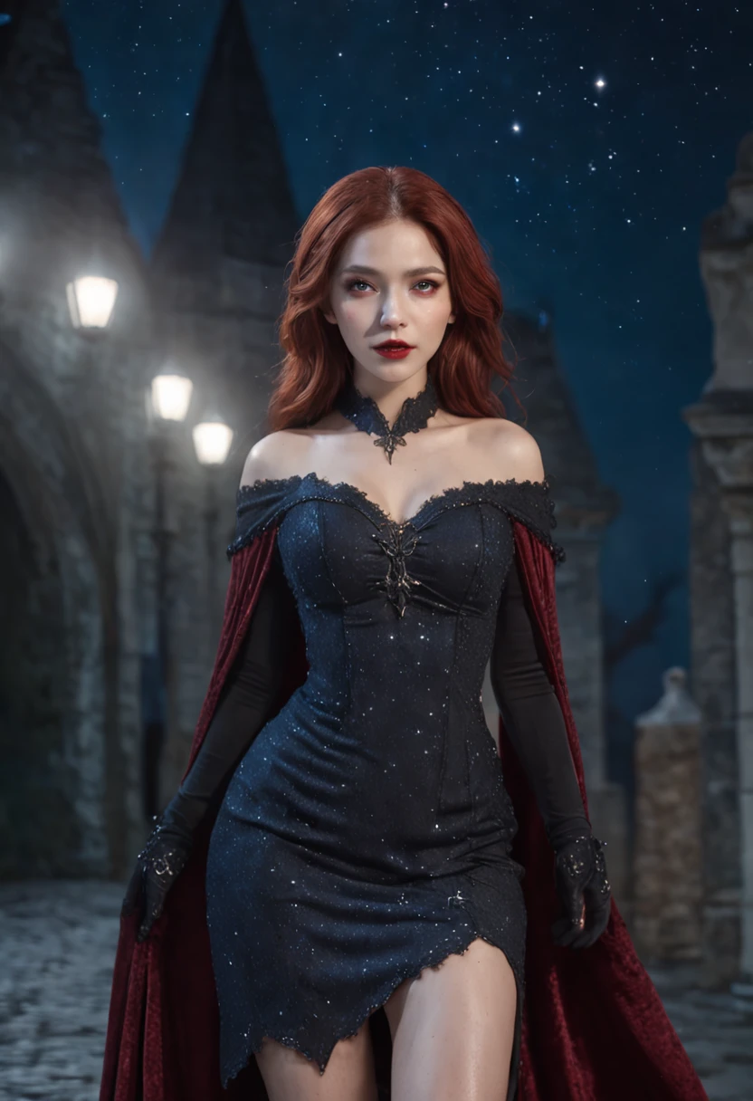 a picture of an exquisite beautiful female vampire standing under the starry night sky on the porch of her castle, dynamic angle (ultra detailed, Masterpiece, best quality), ultra detailed face (ultra detailed, Masterpiece, best quality), ultra feminine, grey skin, red hair, wavy hair, dynamic eyes color, cold eyes, glowing eyes, intense eyes, dark red lips, [fangs], wearing white dress (ultra detailed, Masterpiece, best quality), blue cloak (ultra detailed, Masterpiece, best quality), long cloak, flowing cloak (ultra detailed, Masterpiece, best quality), high heeled boots, sky full of stars background, fantasy_night, moon, bats flying about, high details, best quality, 8k, [ultra detailed], masterpiece, best quality, (ultra detailed), full body, ultra wide shot, photorealism, dark fantasy art, dark fantasy art, gothic art, many stars, dark fantasy art, gothic art, sense of dread,