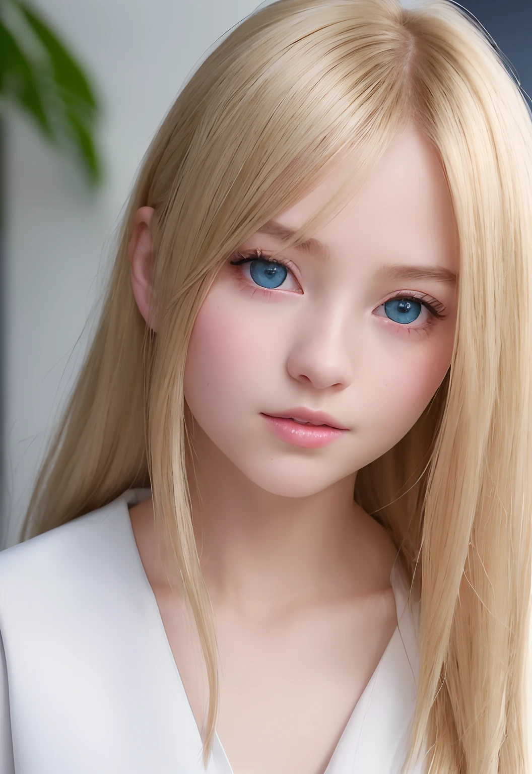 RAW Photography、(((Portrait of extreme beauty)))、((Glowing white skin))、女の子1人、18-year-old cute beautiful girl、((Lustrous light natural blonde hair))、[blue eyess]、silky fine hair、stright long hair、eye liner、bangss、Hair between the eyes、A slight smil、((​masterpiece、top-quality、ultra-detailliert、Film Light、intricate-detail、hight resolution、8k、ighly detailed))、细致背景、8k uhd、Digital SLR、Soft Light、hightquality、Film Grain、Shallow depth of field、natural soft light、（perfect hand）、Perfect beautiful face、a sailor suit